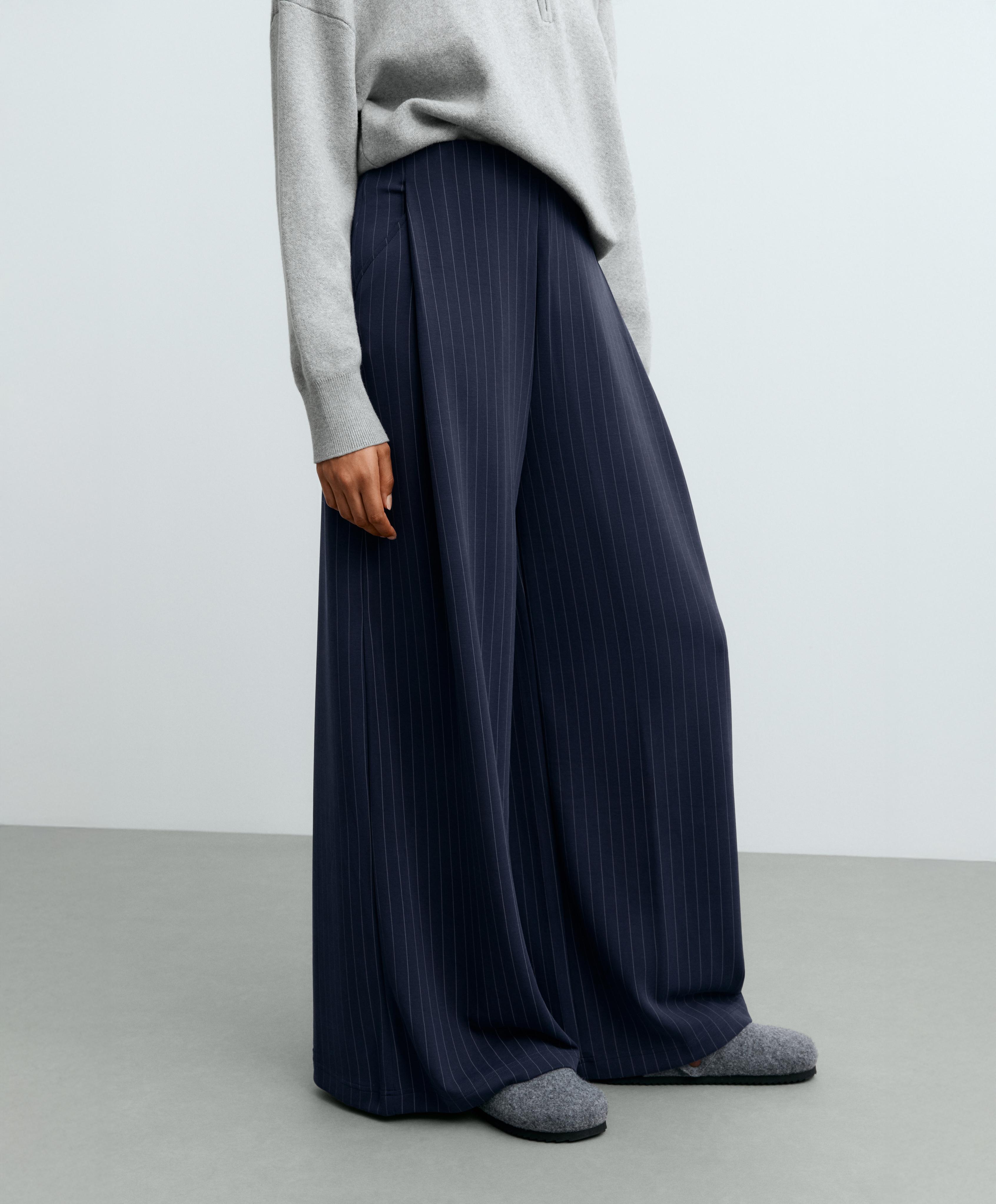 Modal pinstripe wide-leg trousers — NAVY BLUE