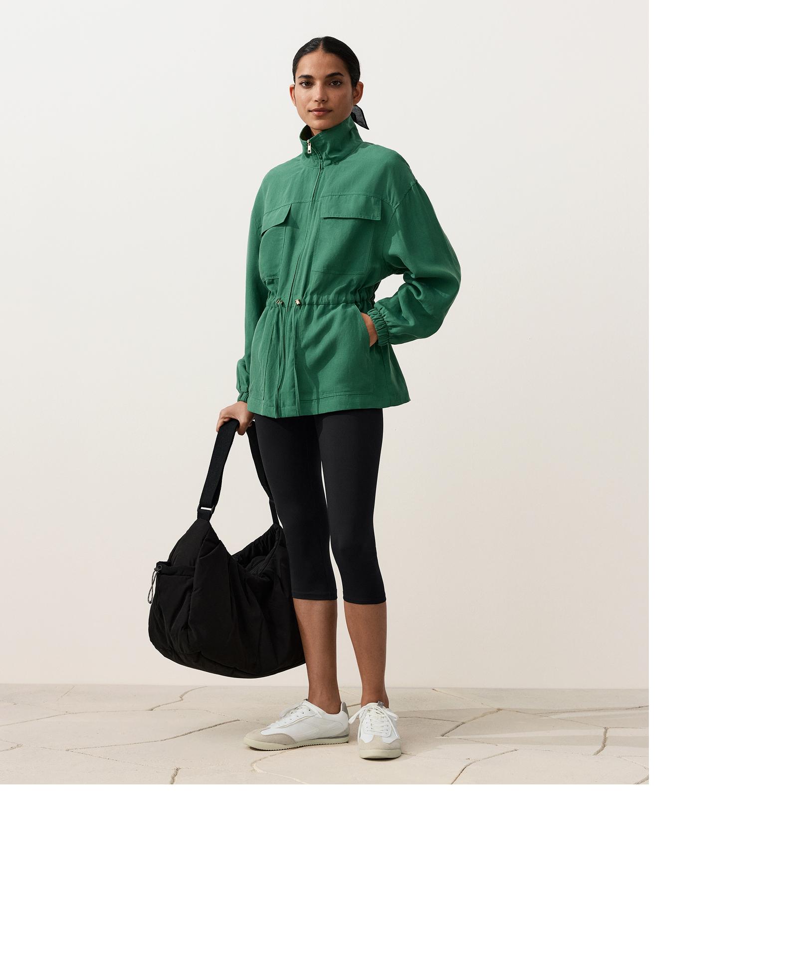 Lyocell and 24% linen blend ruched waist jacket — EMERALD GREEN