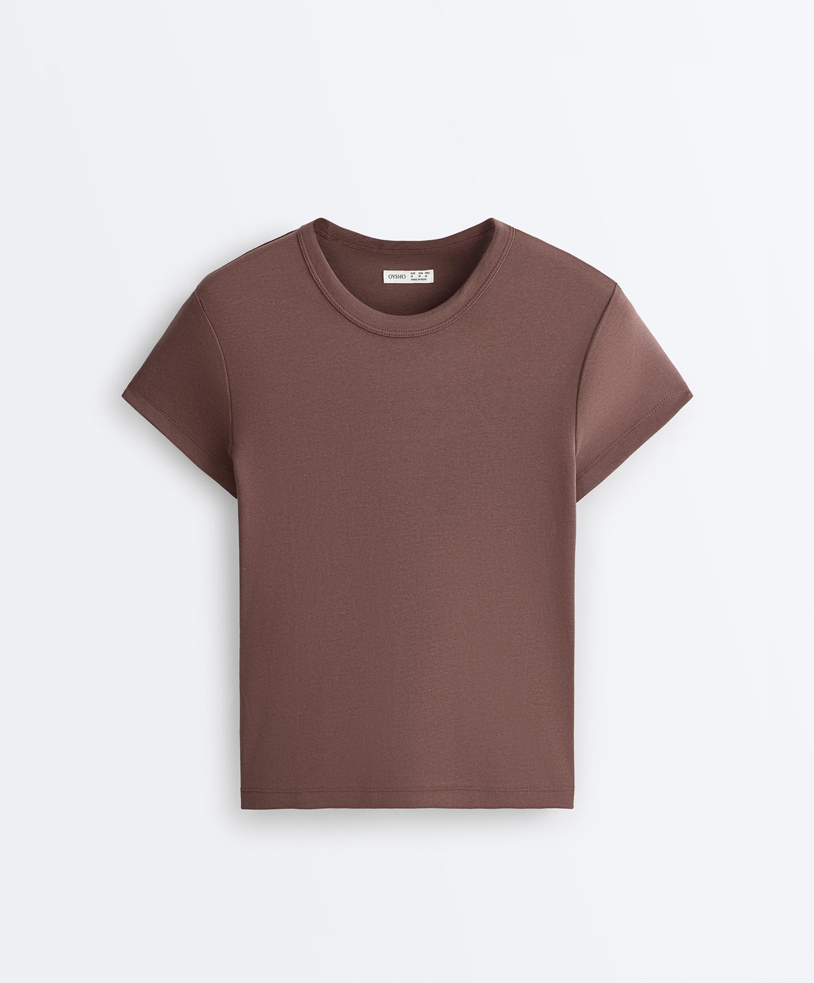 Fitted short sleeve rib T-shirt in cotton blend — MID-BROWN