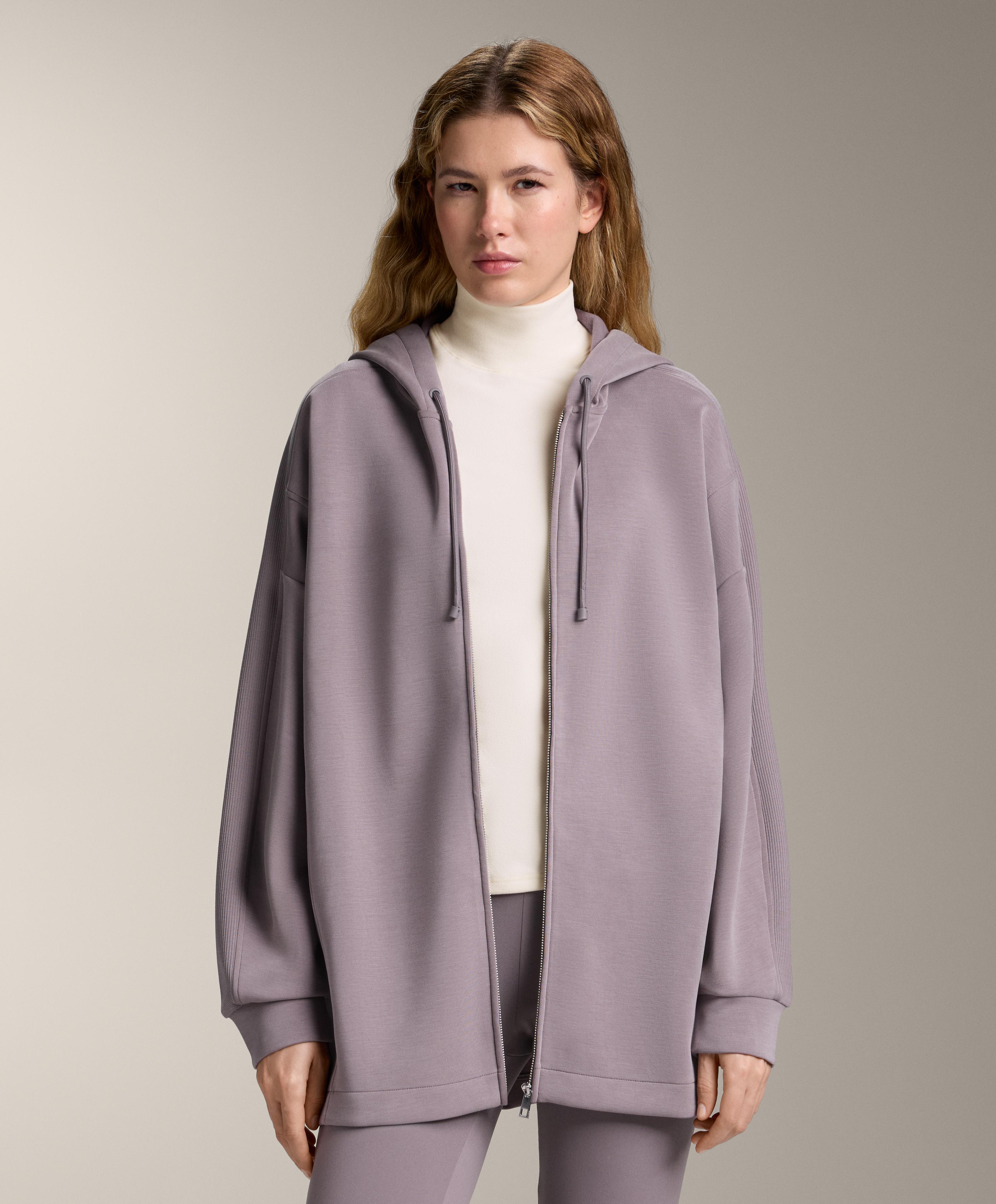 Long hooded jacket with rib details and brushed modal - Sale