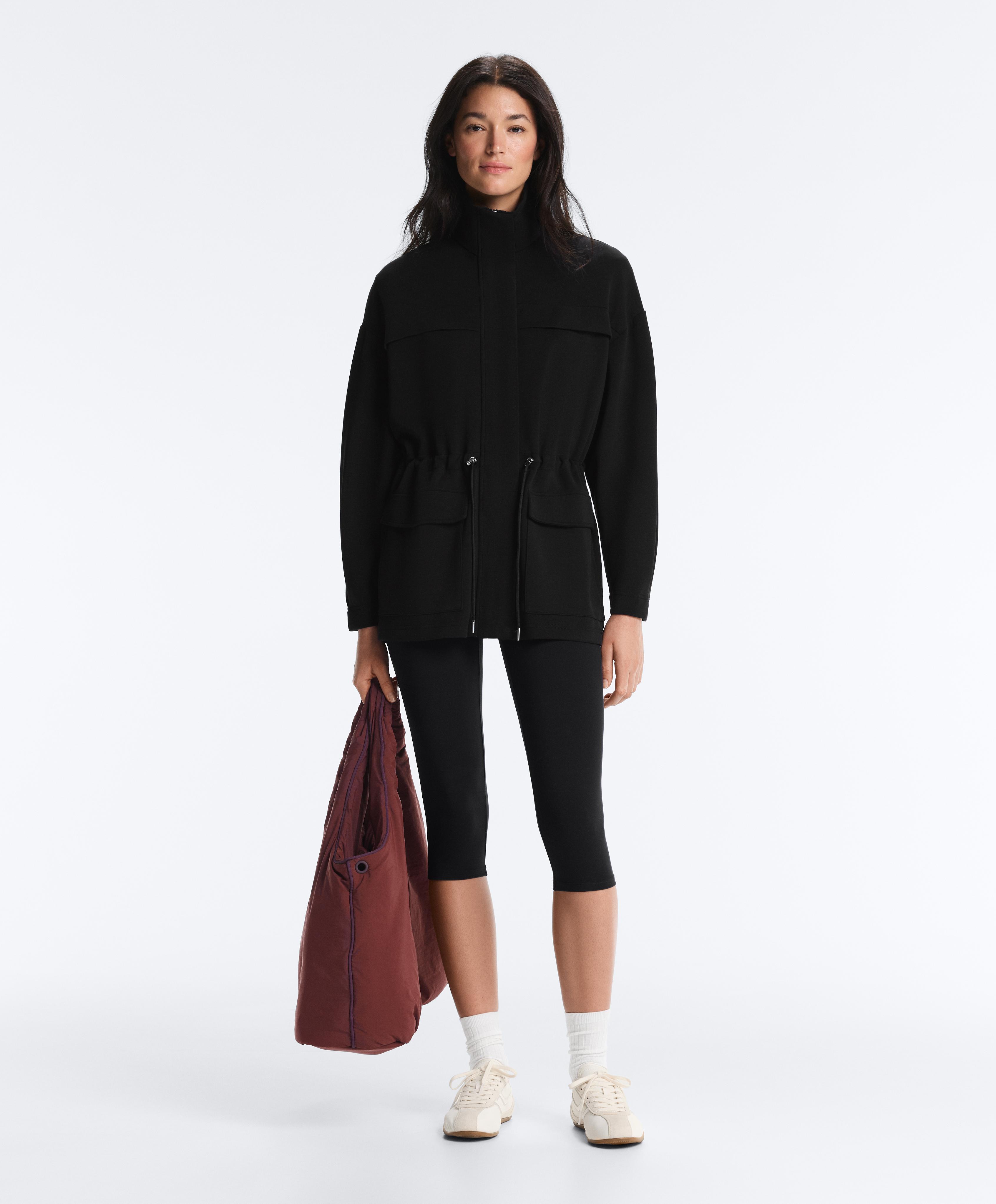 Long soft-touch modal jacket with pockets — BLACK
