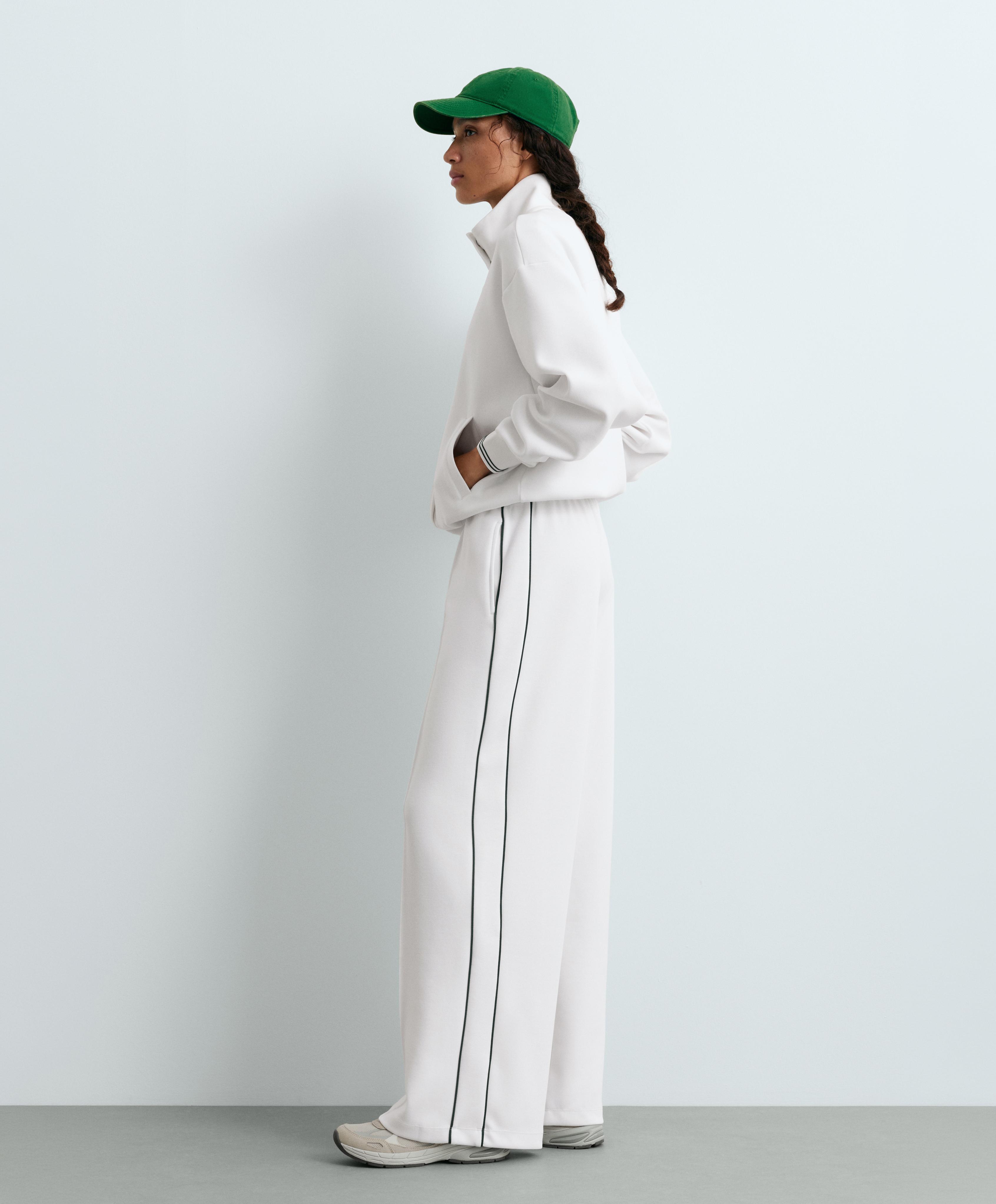 Cotton piqué straight-leg trousers with piping — WHITE 