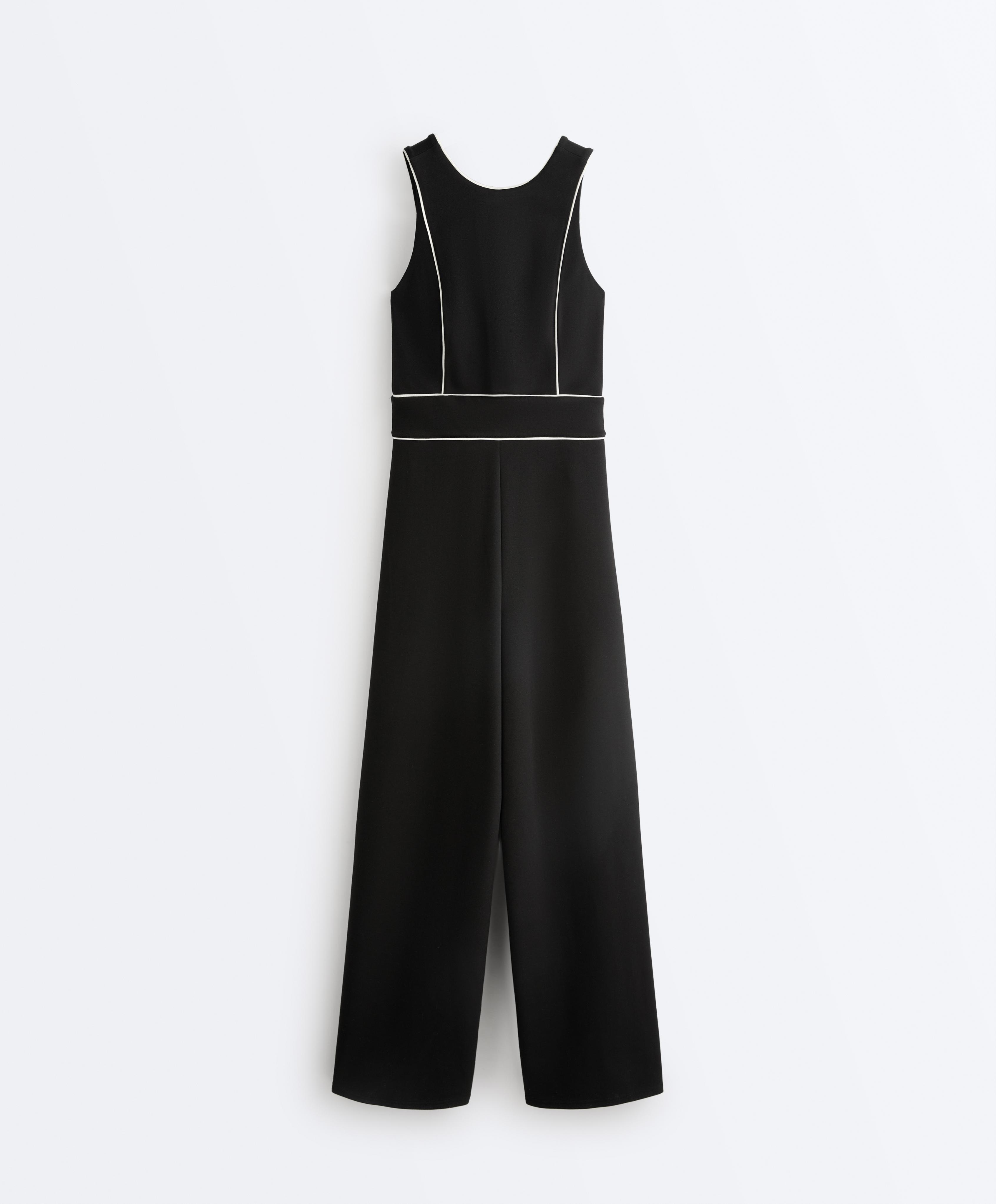 Long piping piqué jumpsuit with cotton — BLACK