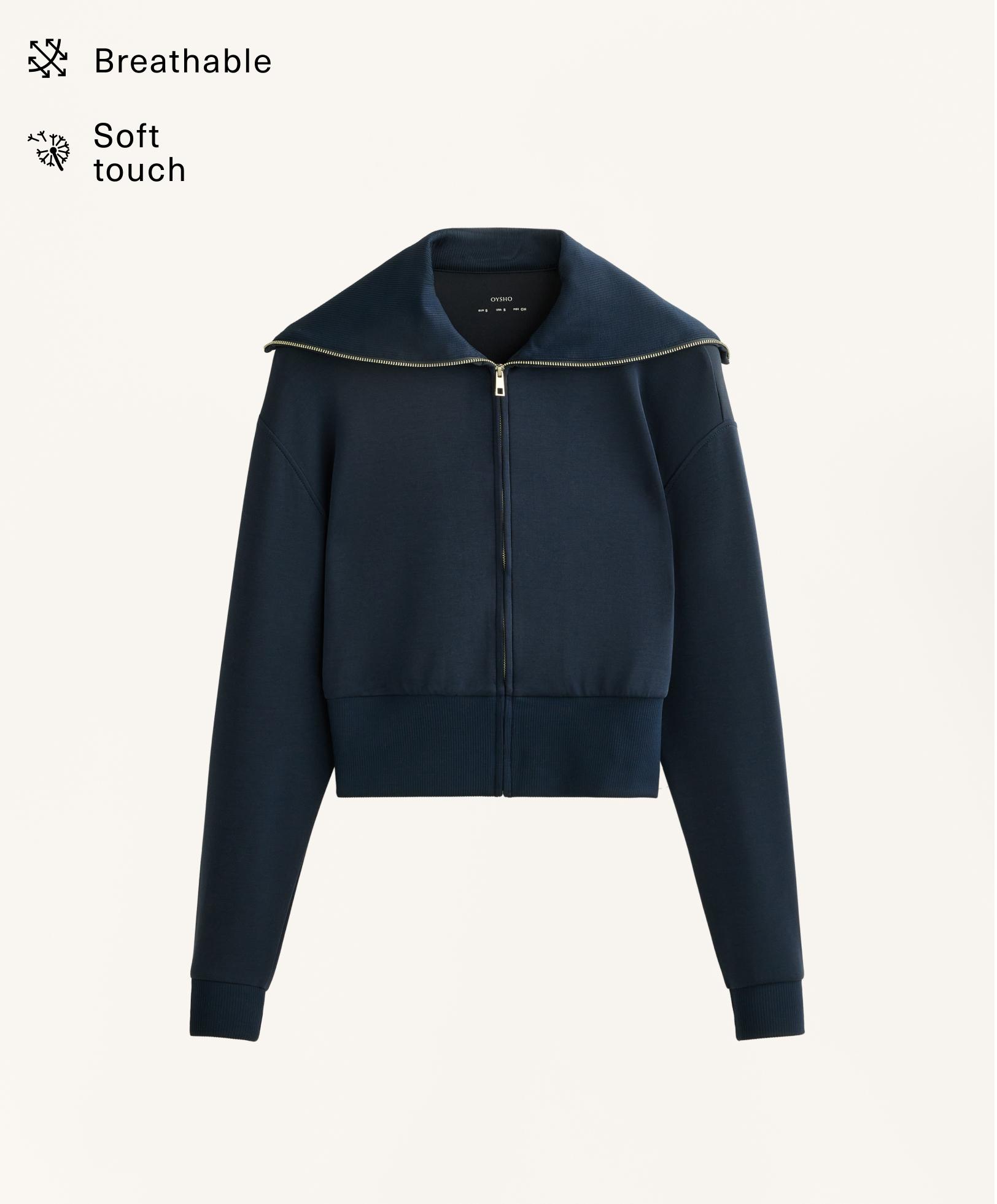 Fitted waist knit collar jacket with modal — NAVY BLUE