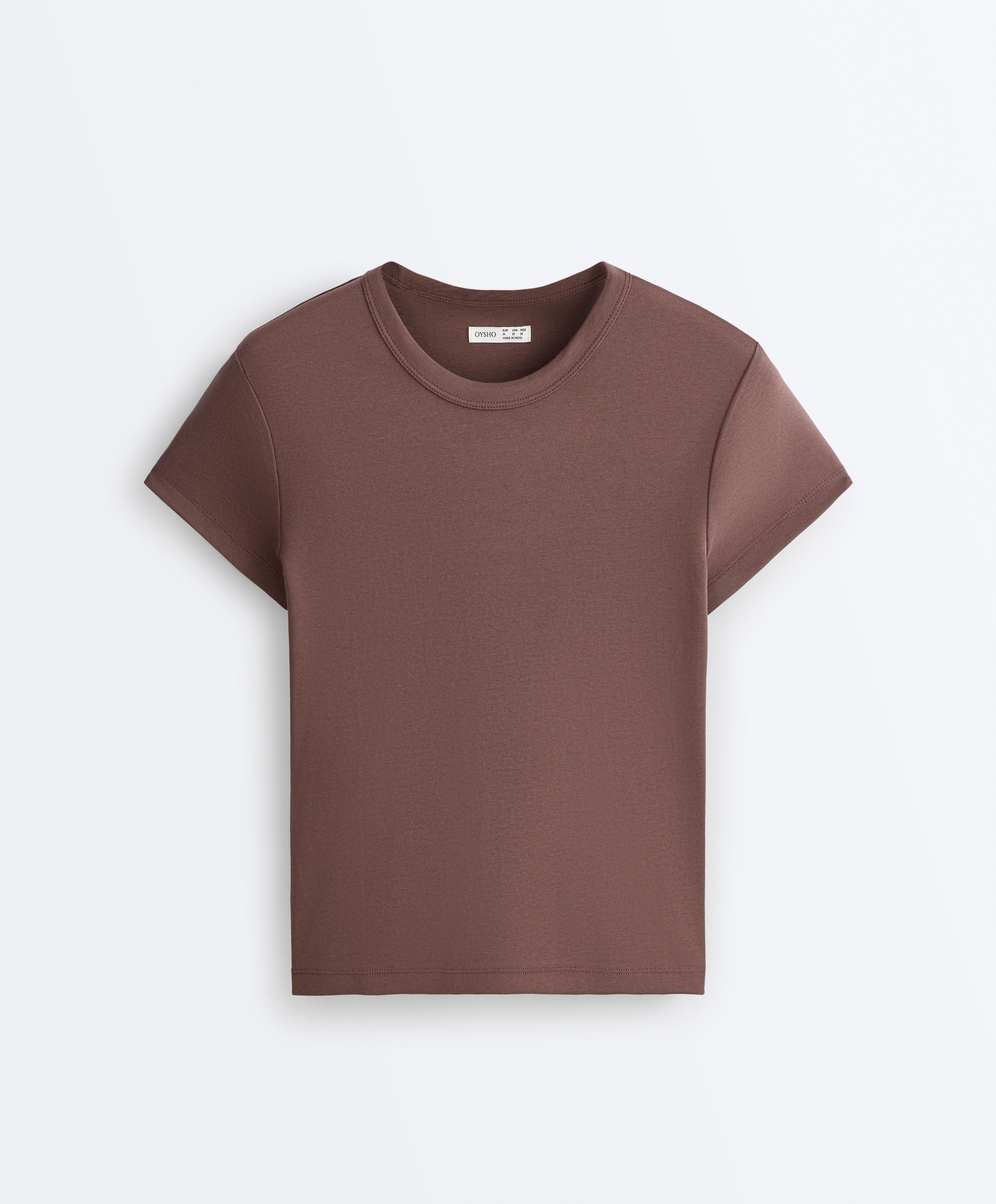 Fitted short sleeve rib T-shirt in cotton blend — MID-BROWN
