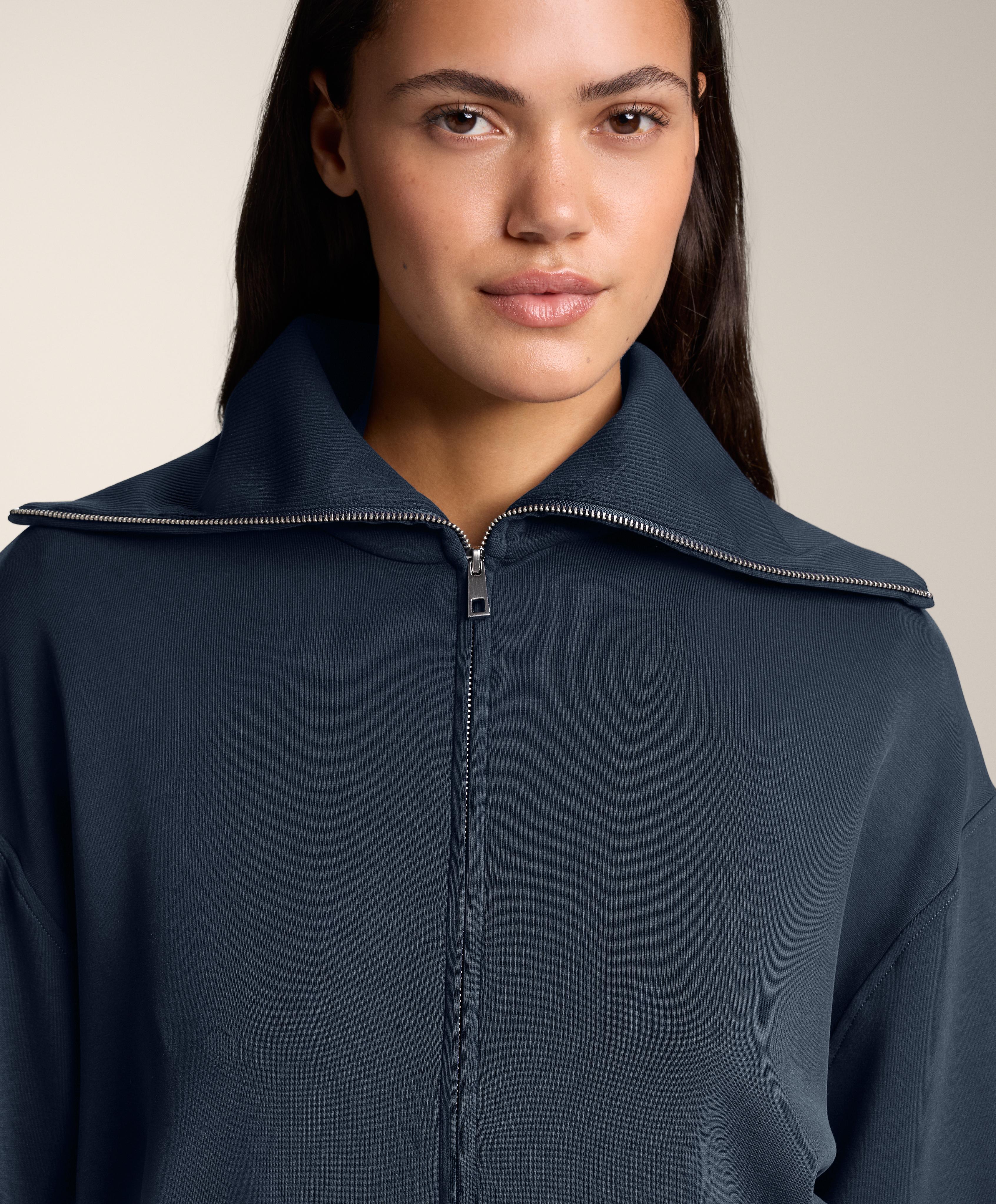 Fitted waist knit collar jacket with modal — NAVY BLUE