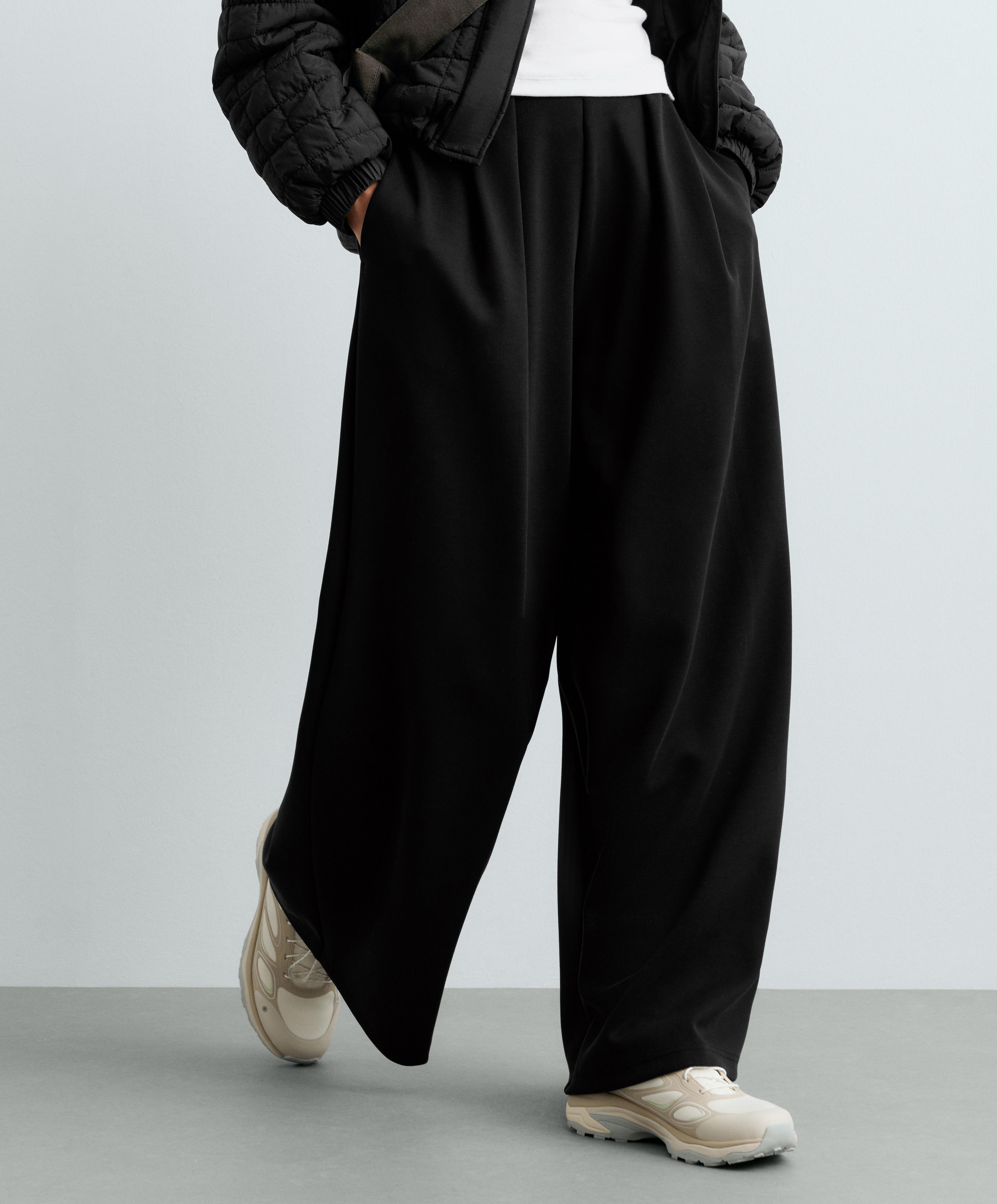 Wide-leg piqué trousers with modal — BLACK