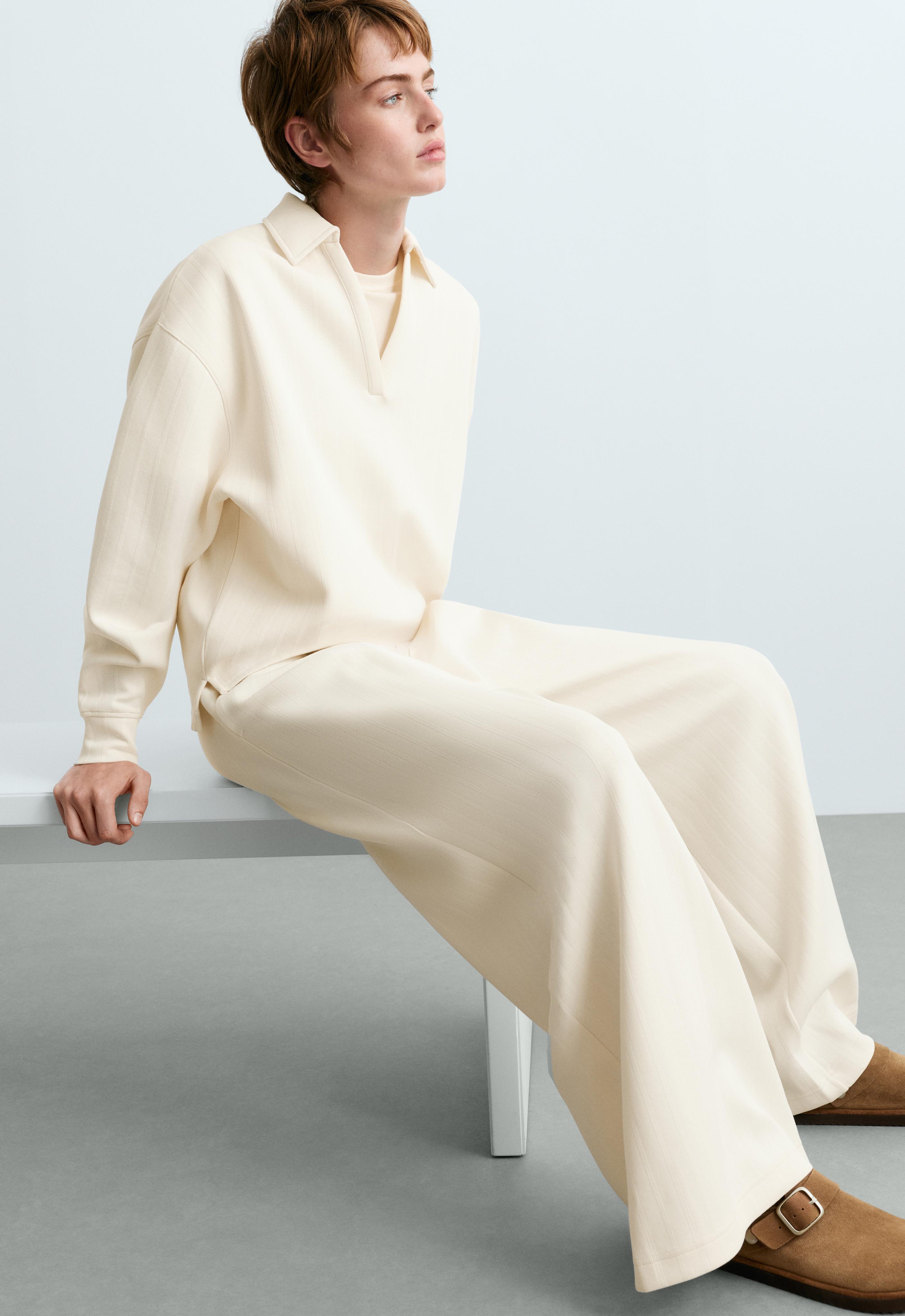 Striped cotton piqué wide-leg trousers — PALE ECRU