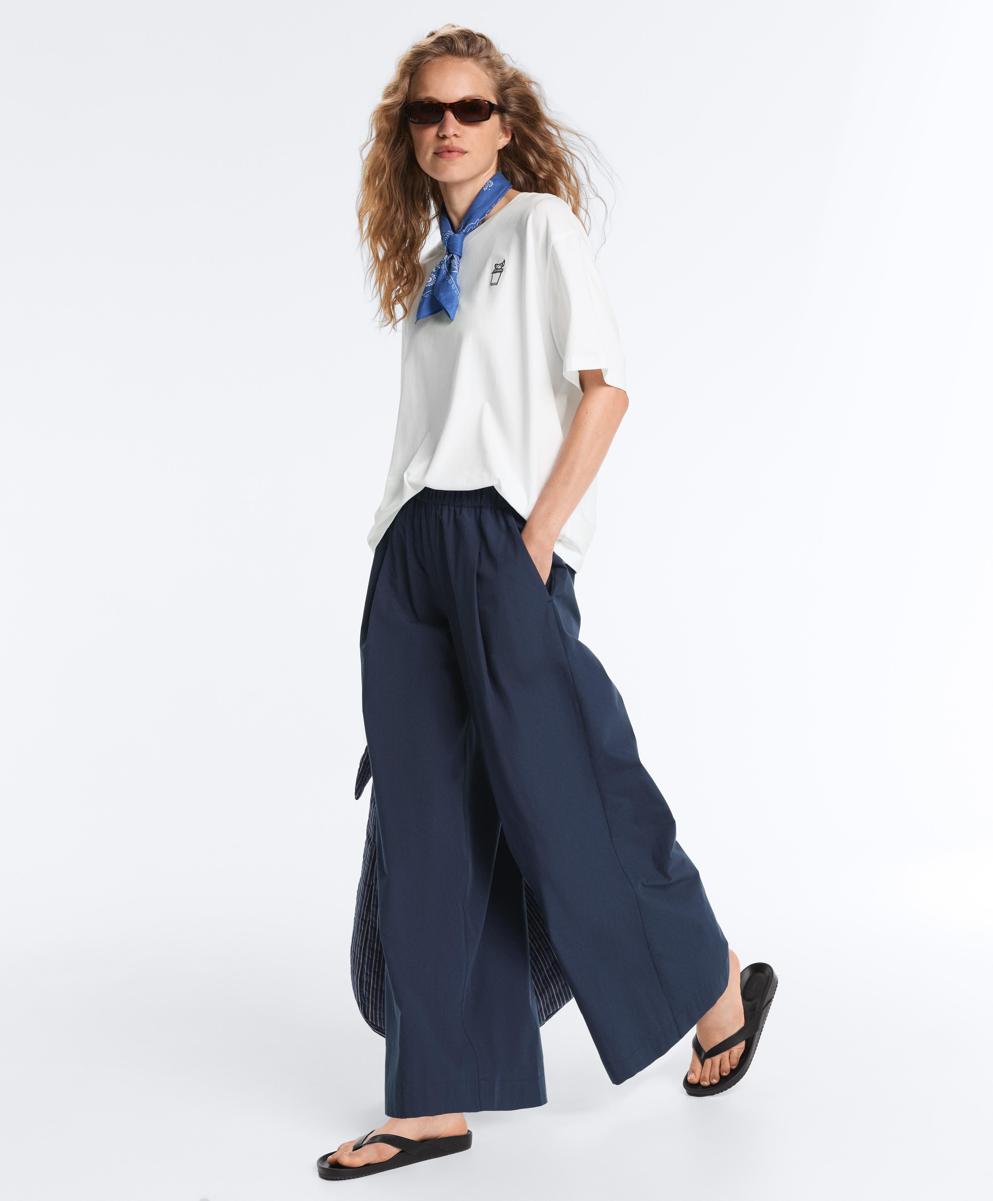 100% cotton poplin wide-leg trousers — NAVY BLUE