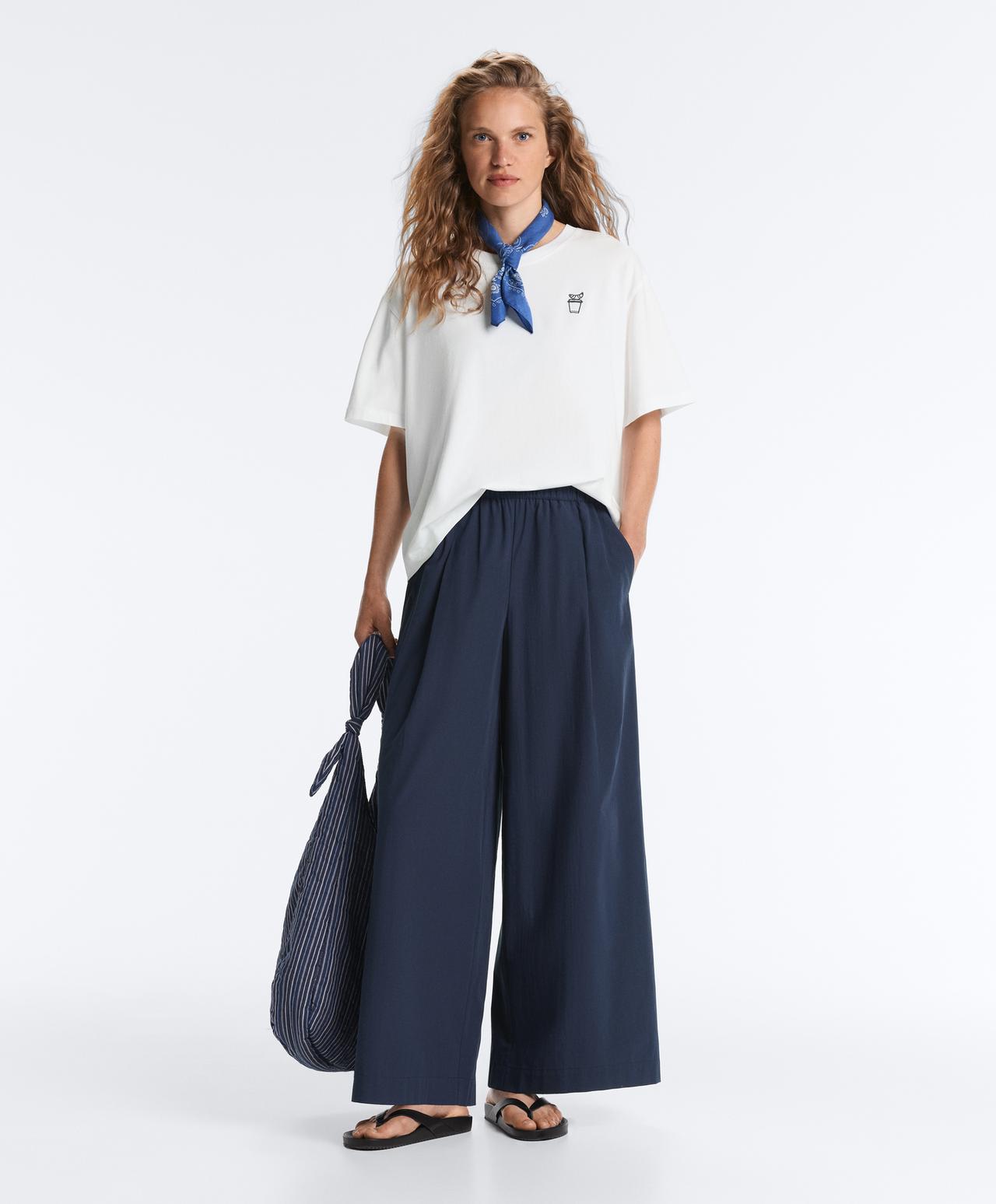 100% cotton poplin wide-leg trousers — NAVY BLUE