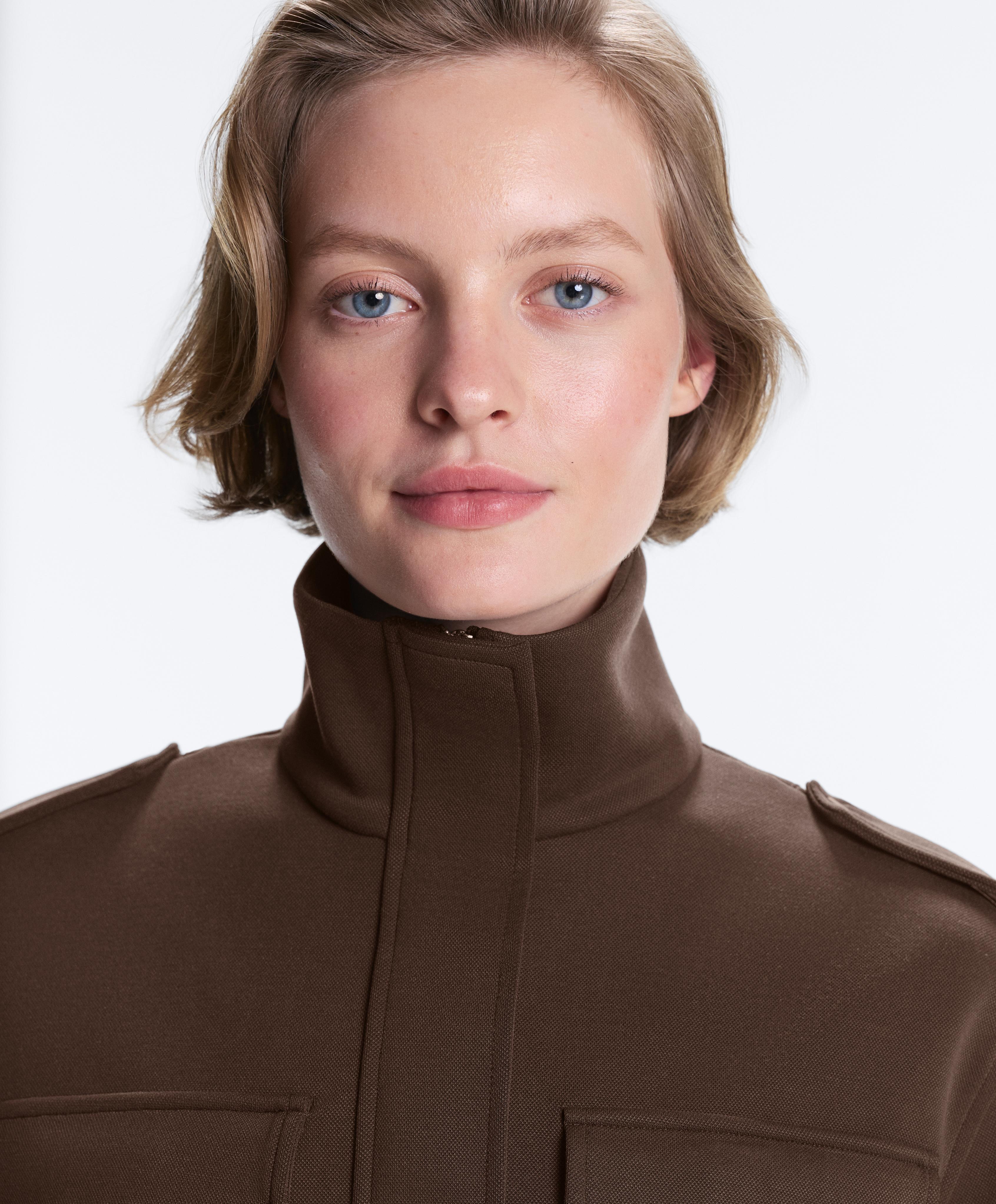 Long utility pique jacket with belt — DARK BROWN
