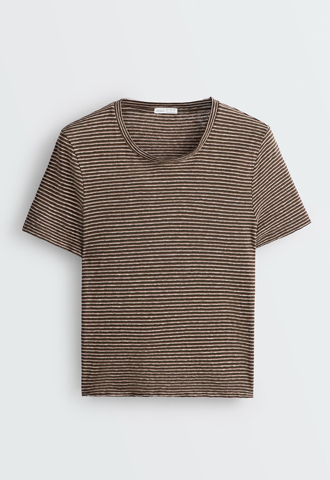 Slim-fit striped cotton and linen T-shirt — CHOCOLATE