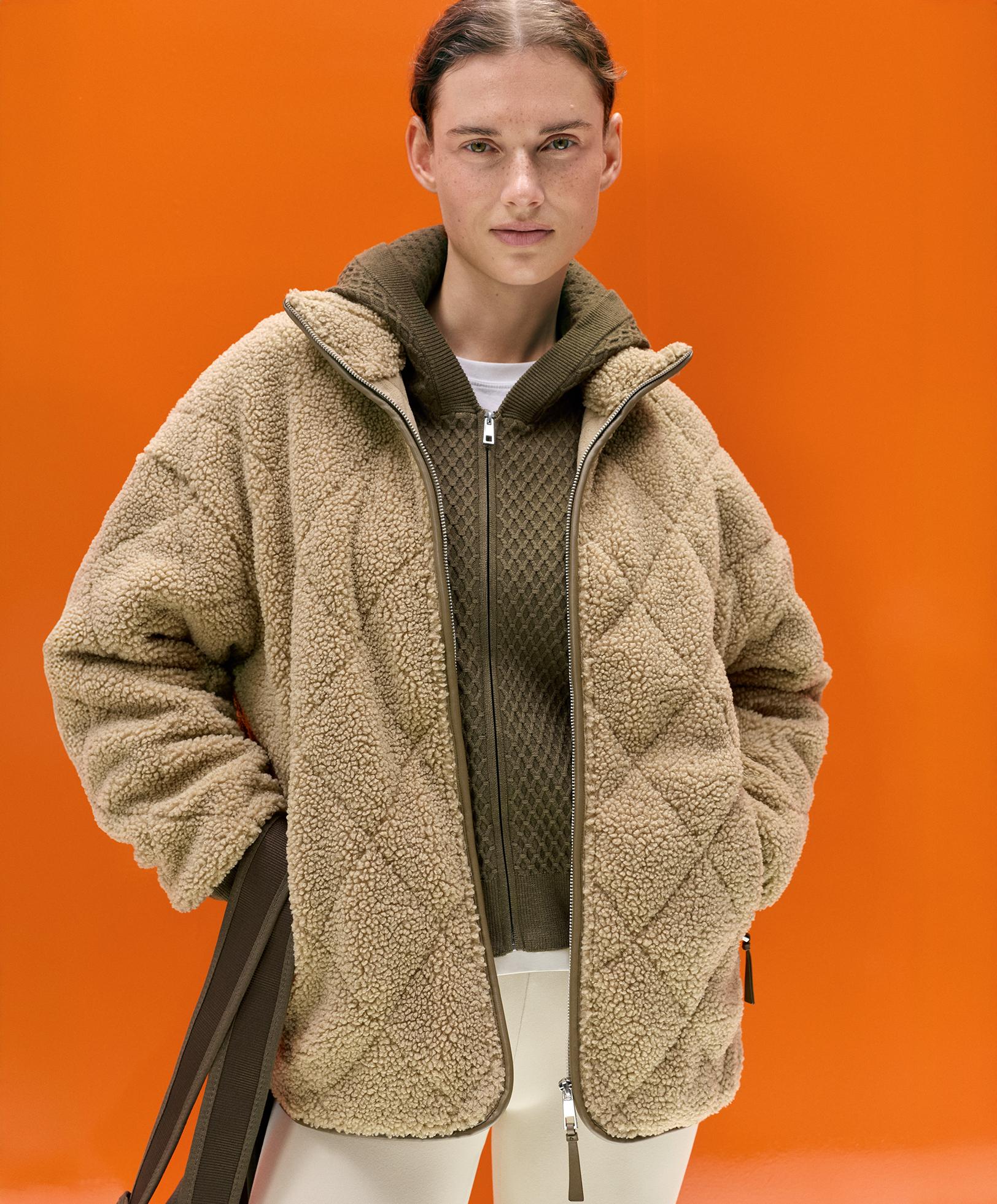 Diamond quilted faux-shearling jacket — GREEN BEIGE
