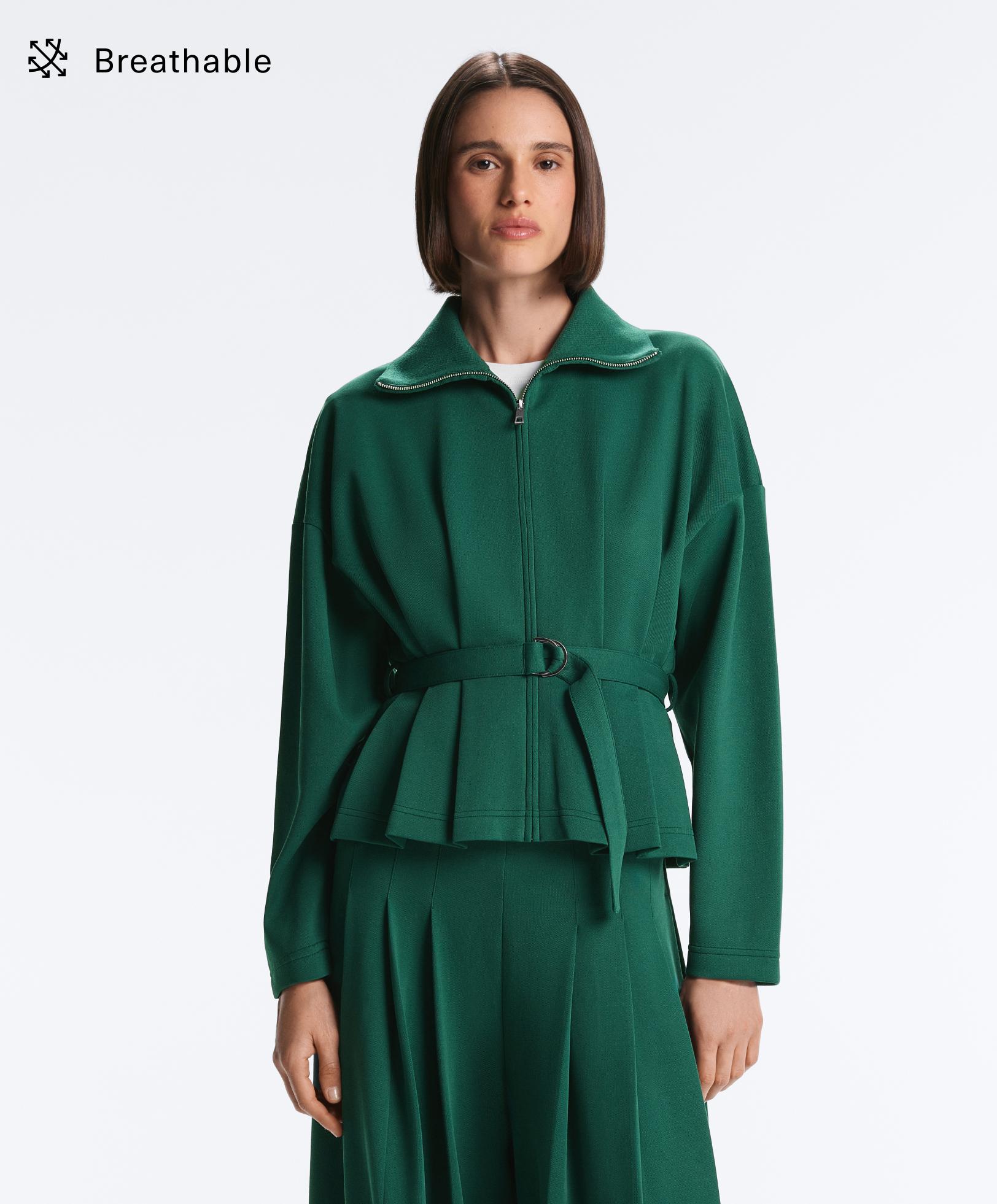 Piqué jacket with belt and pleat detail with cotton