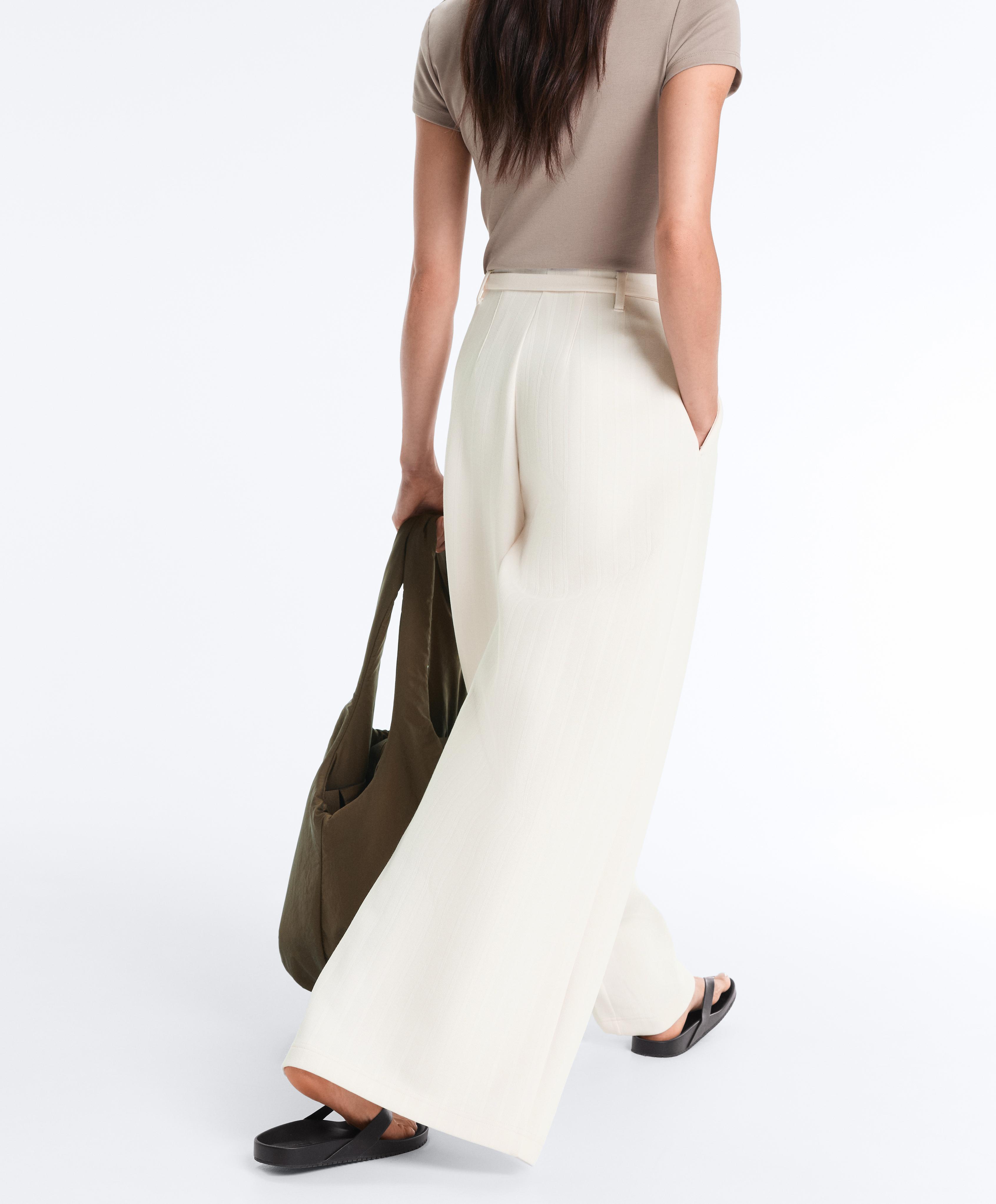 Striped cotton piqué wide-leg trousers — PALE ECRU