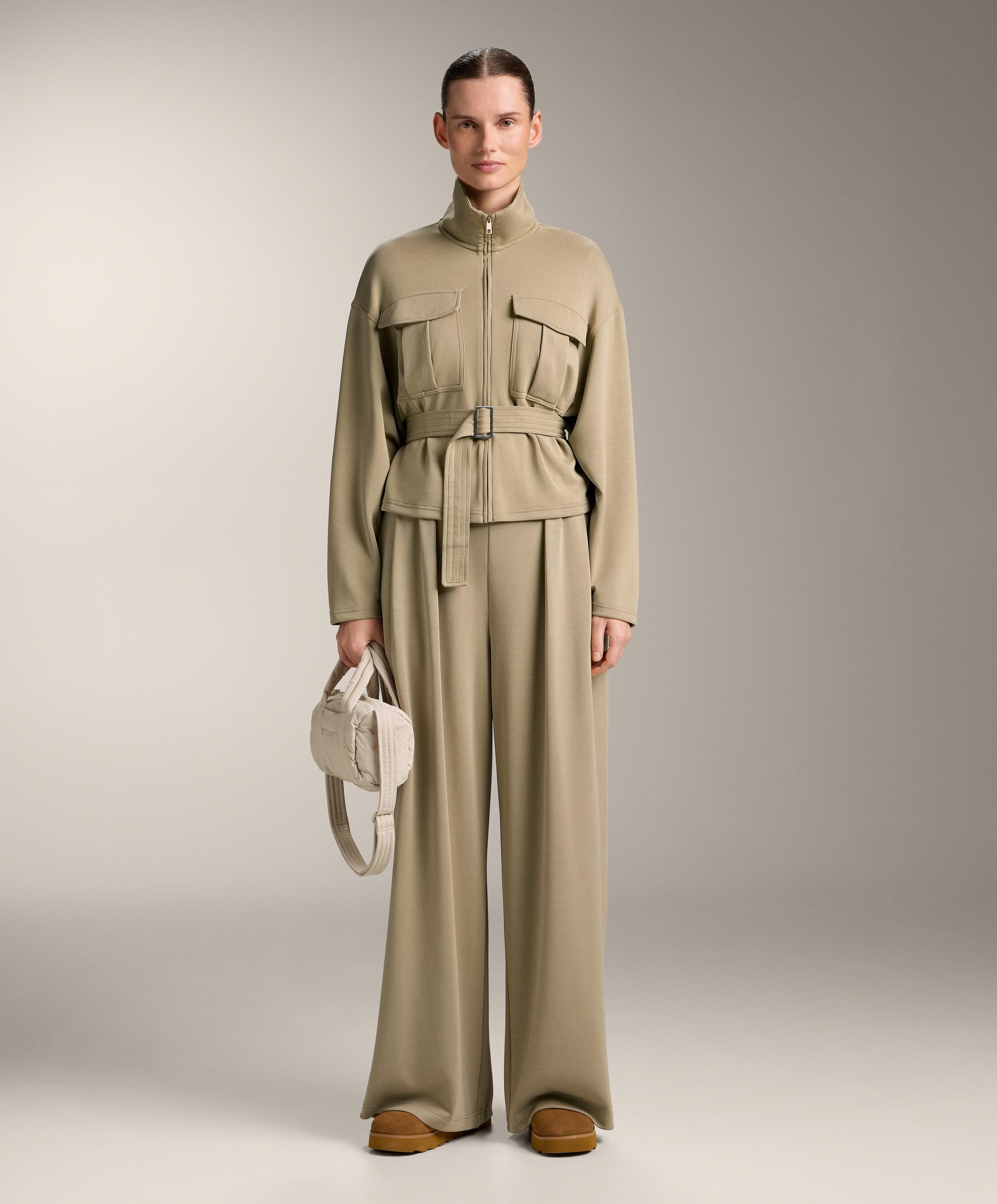 Soft-touch belted jacket with modal — GREEN BEIGE