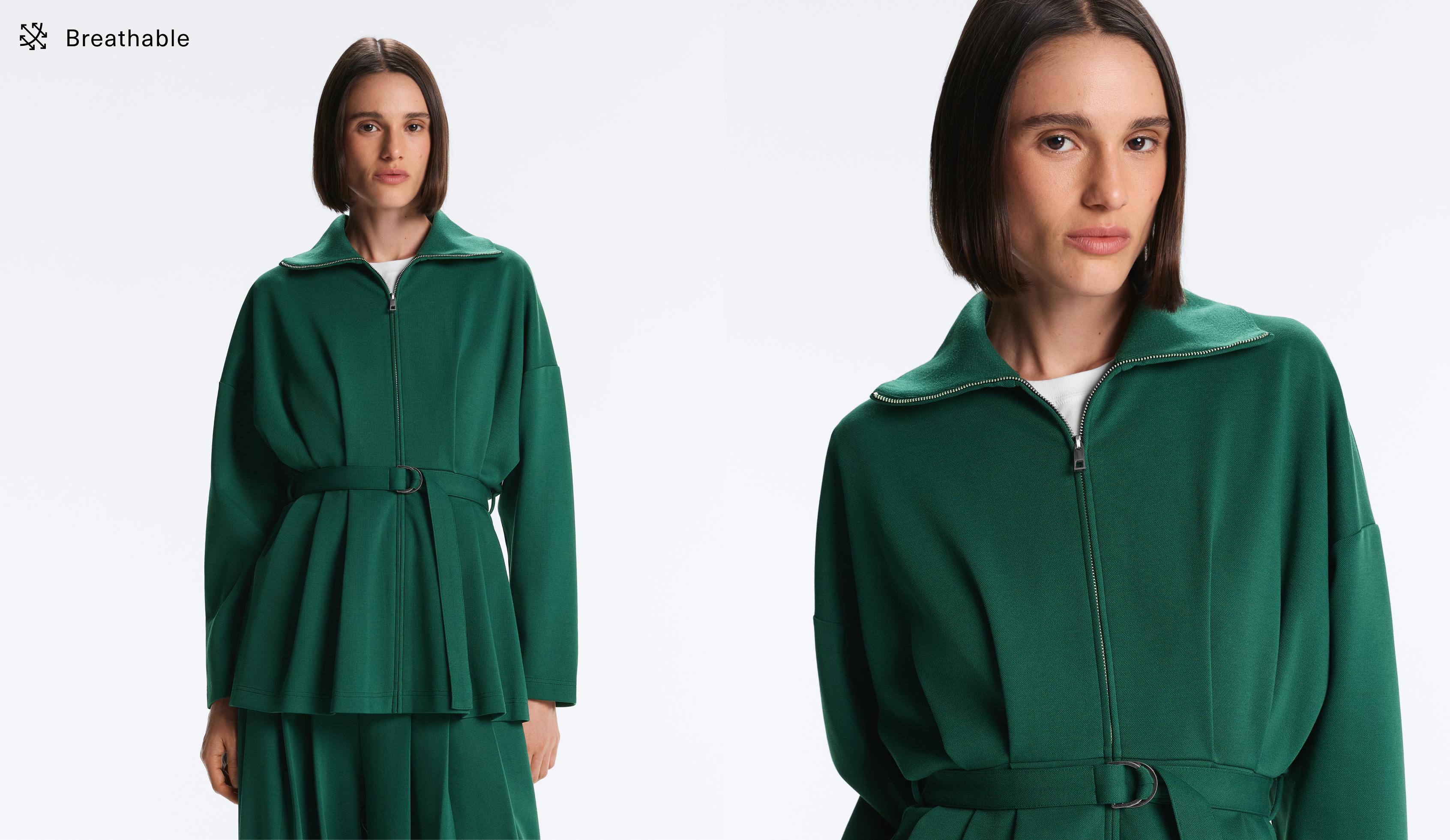 Long piqué jacket with belt and pleat detail