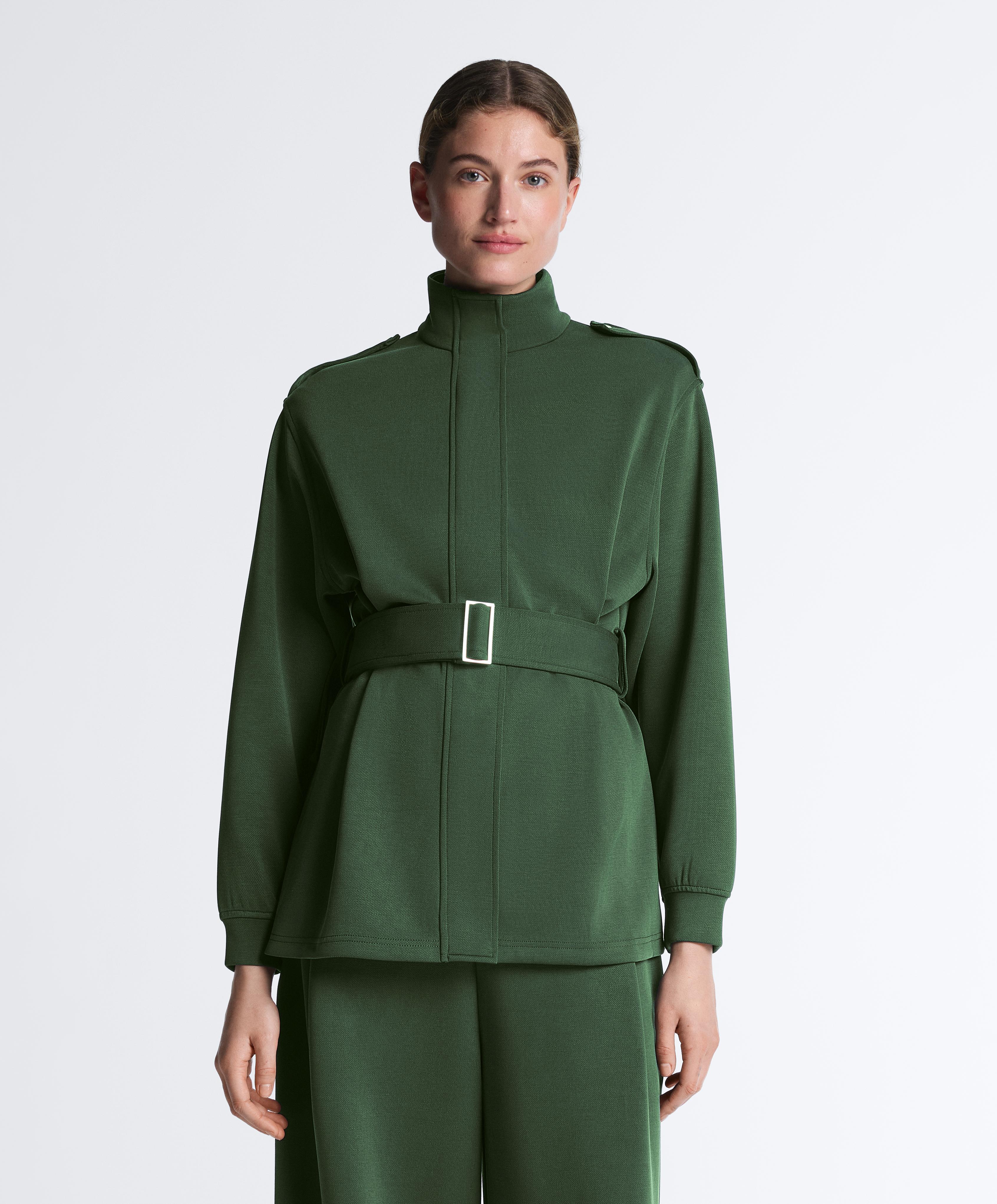 Long utility jacket with cotton and modal twill belt