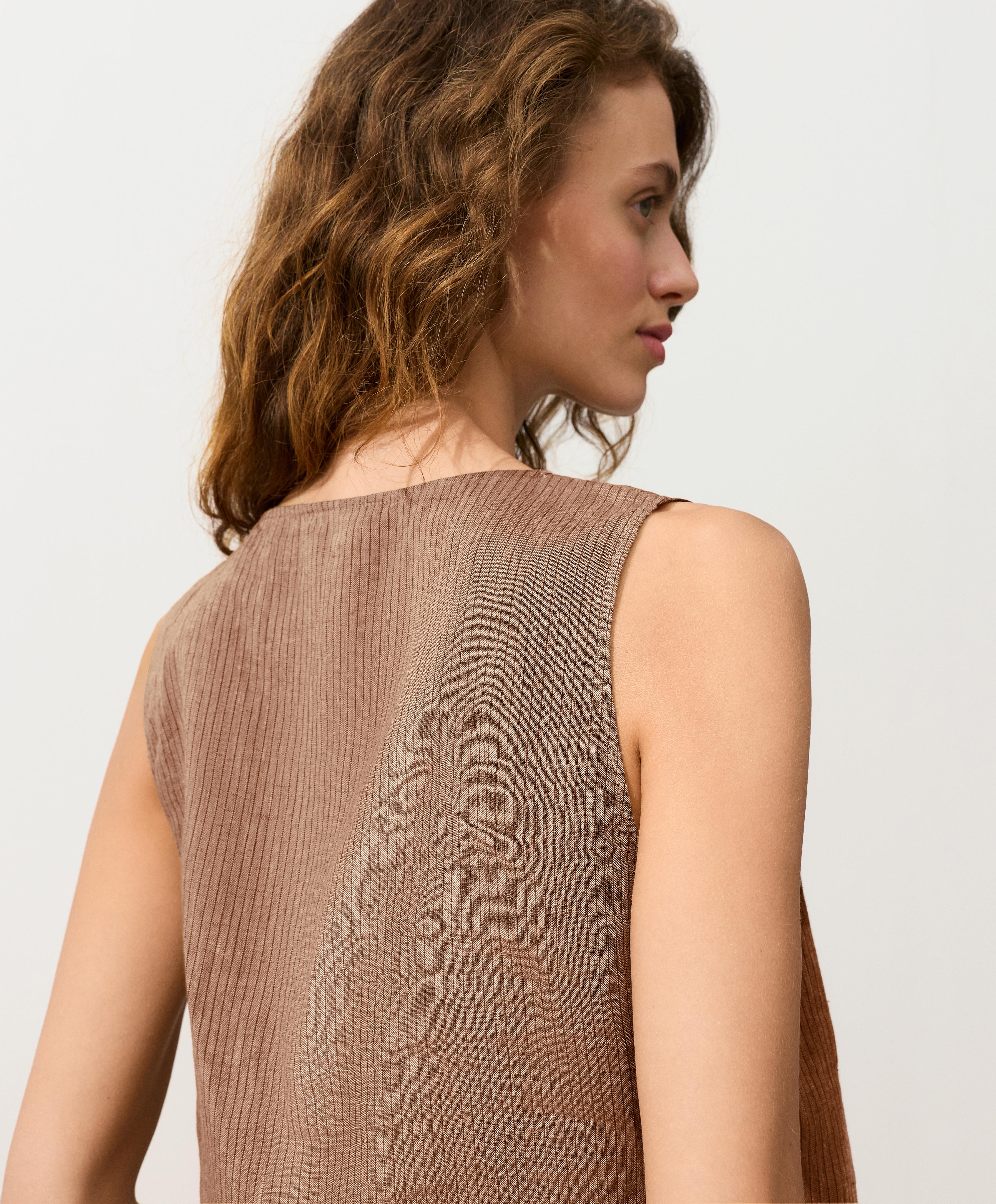 100% linen square neck crossover tie top — TAN MELANGE
