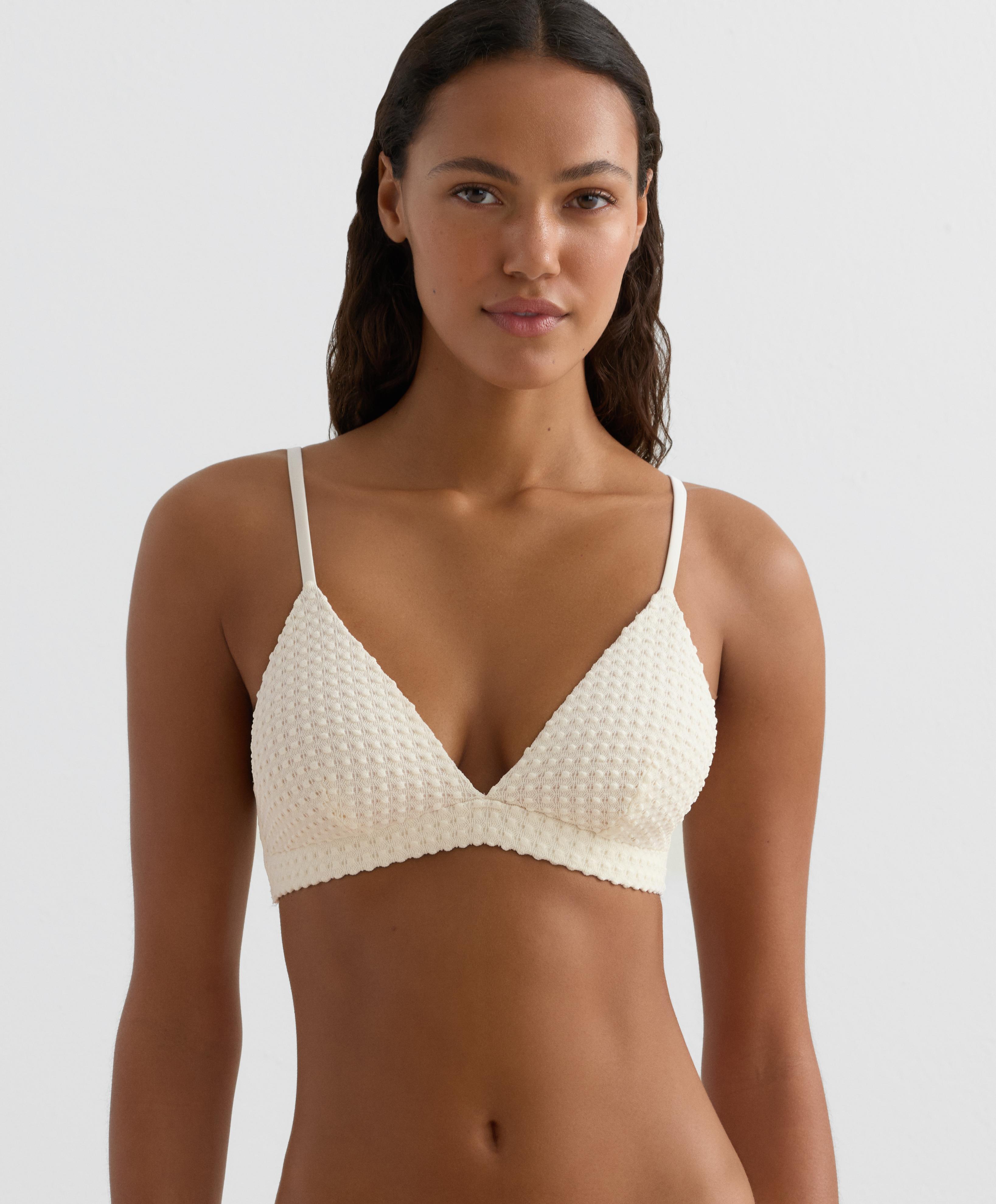 Bubble-texture crochet triangle bikini top — ECRU