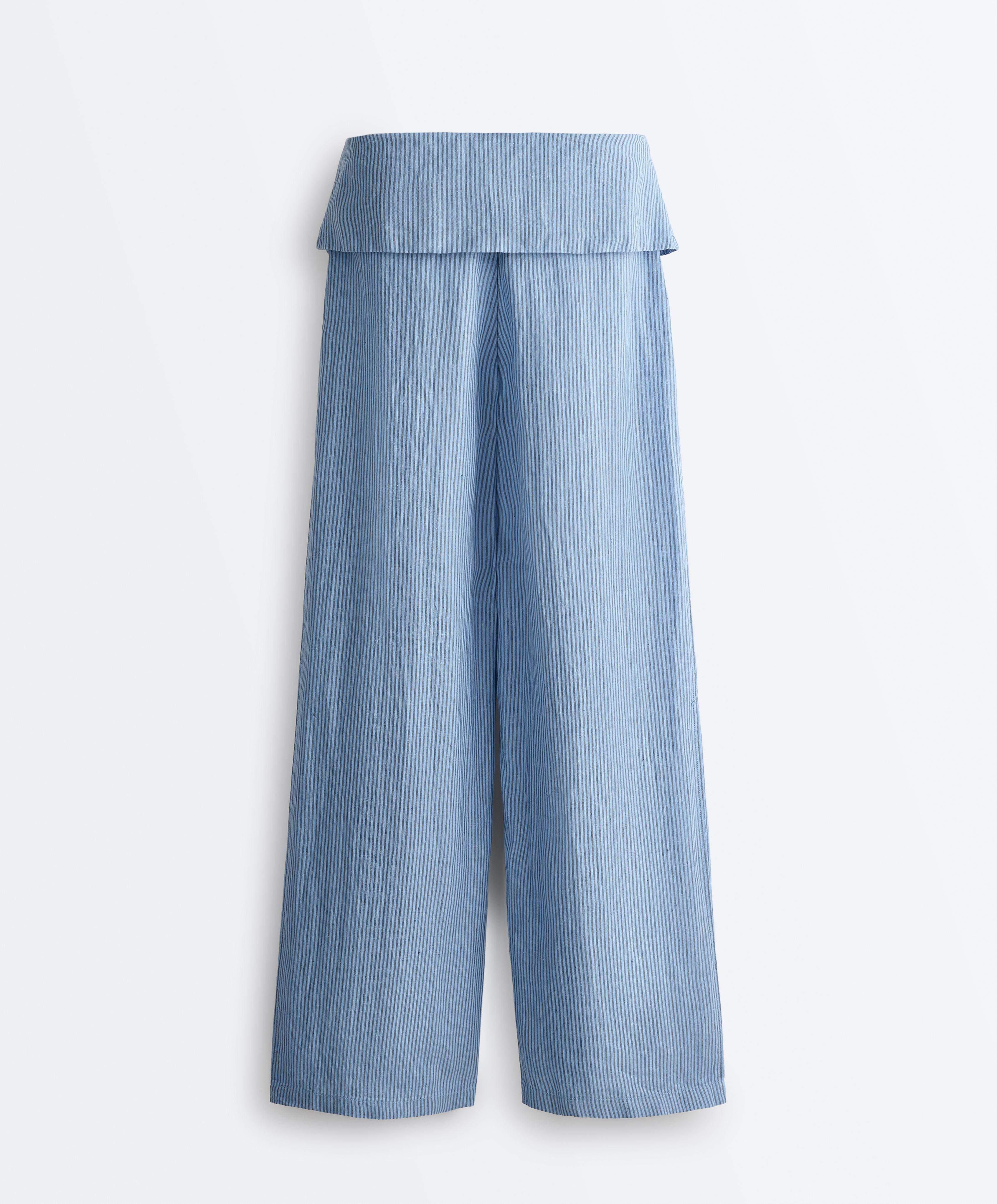 100% linen straight-leg trousers with turn-up waist — MID WASHED GREY-BLUE
