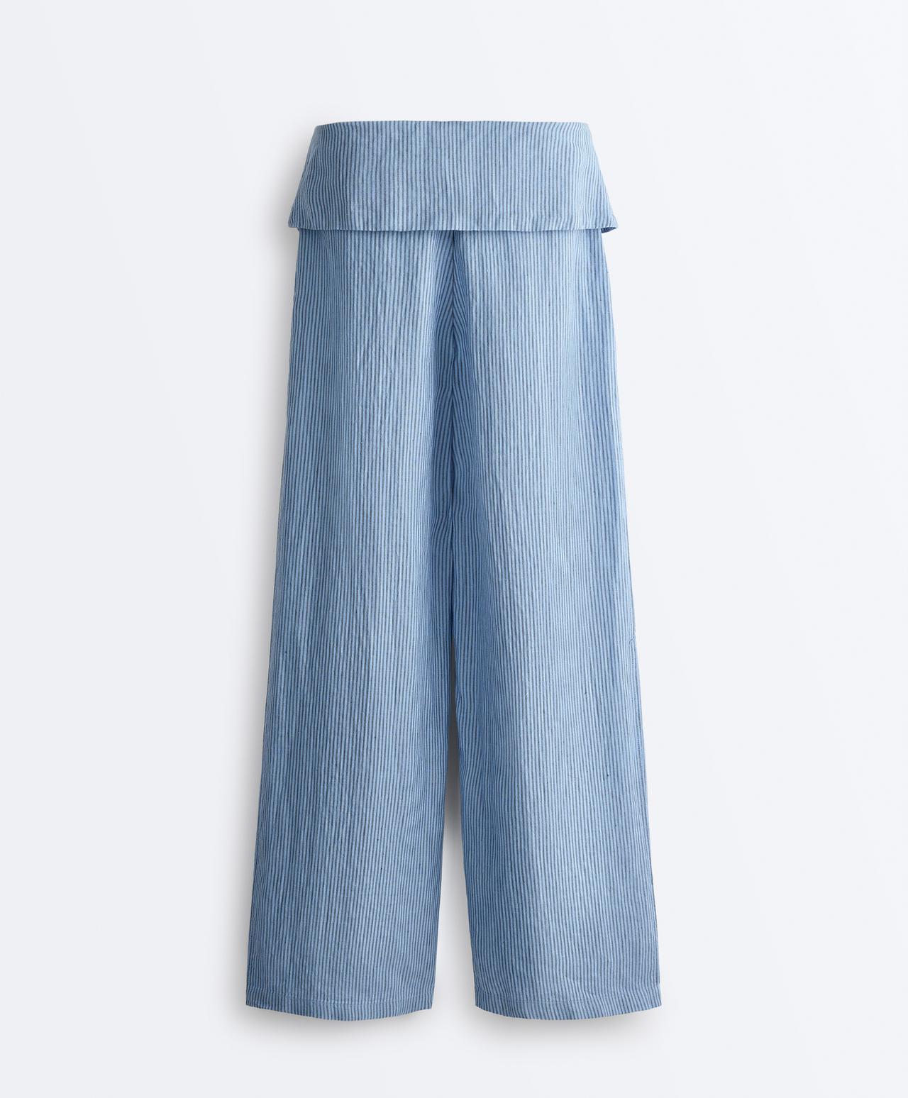 100% linen straight-leg trousers with turn-up waist — MID WASHED GREY-BLUE