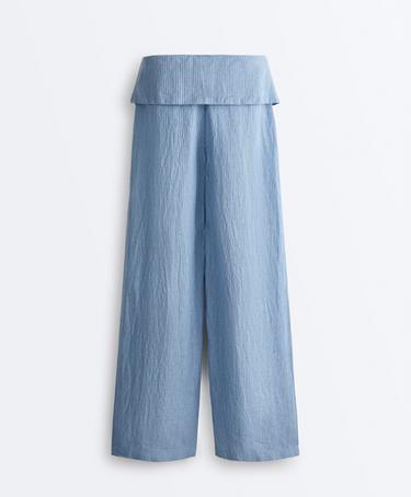 100% linen straight-leg trousers with turn-up waist — MID WASHED GREY-BLUE 7