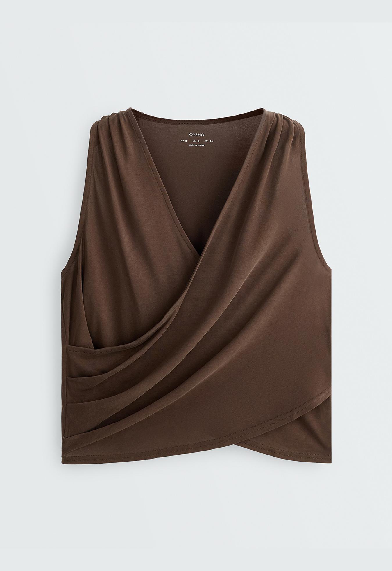 Modal blend crossover sleeveless T-shirt — DARK BROWN