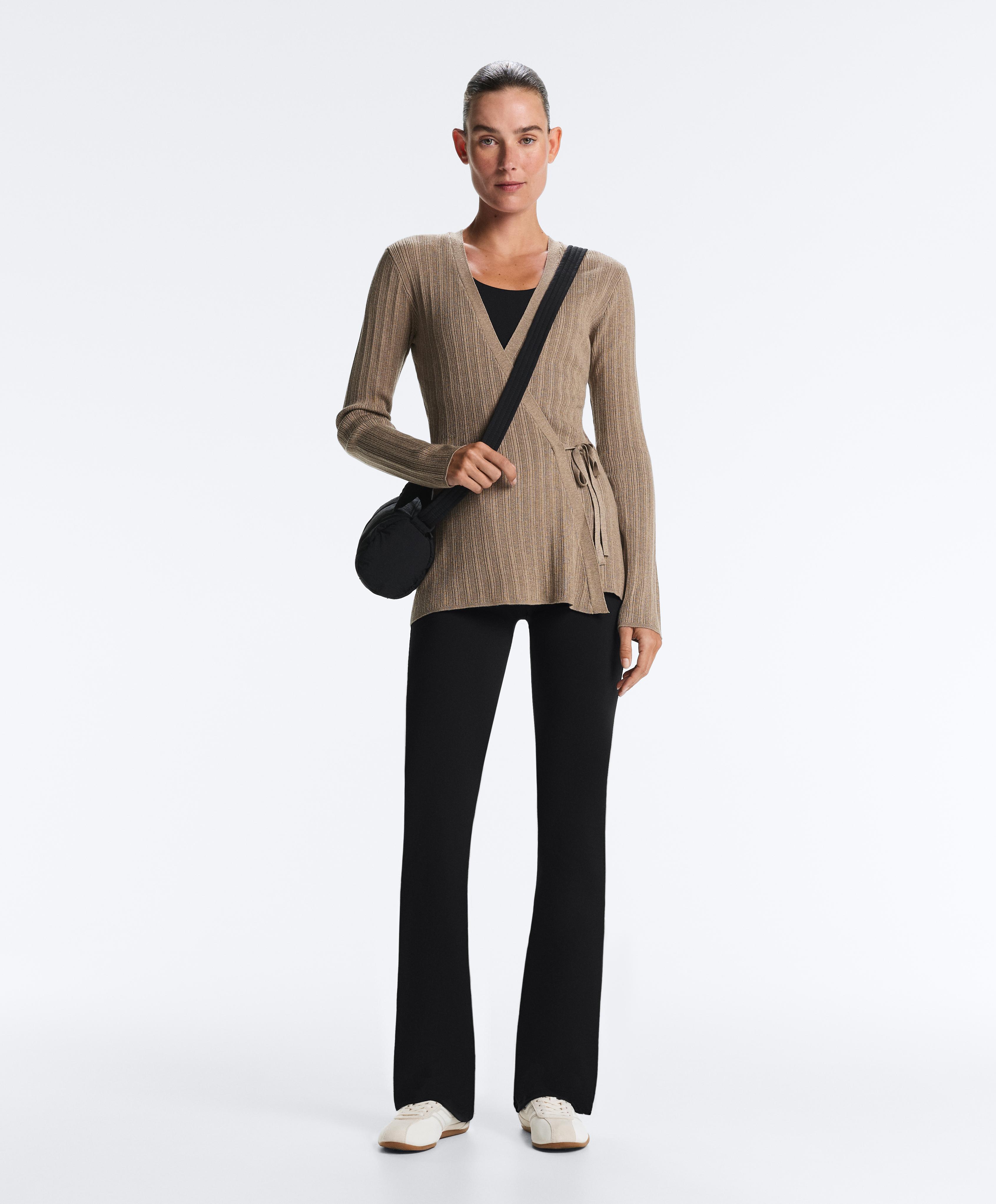 Long rib knit jacket with side tie fastening — DARK TAUPE