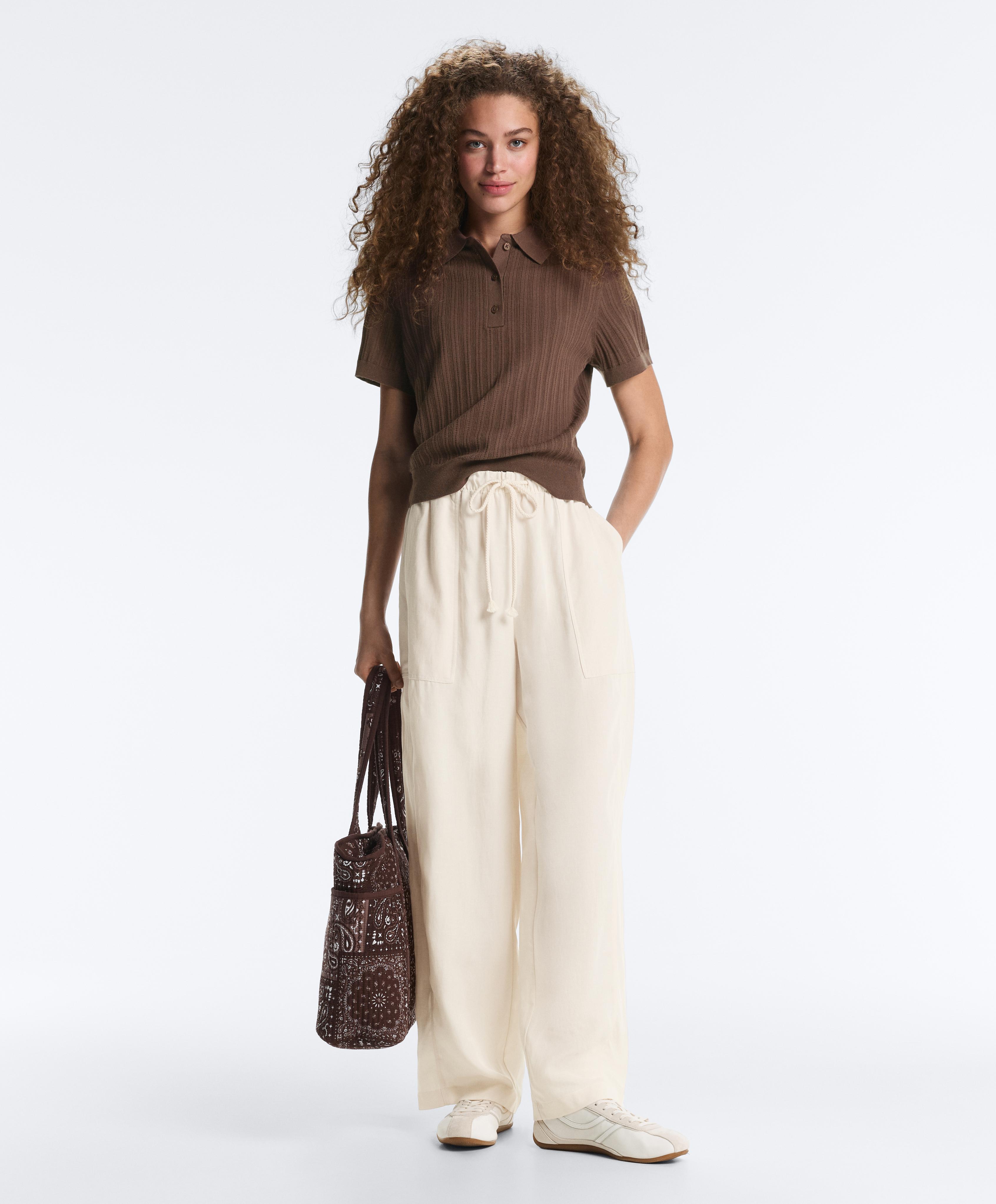 Short sleeve open knit polo shirt — MID-BROWN