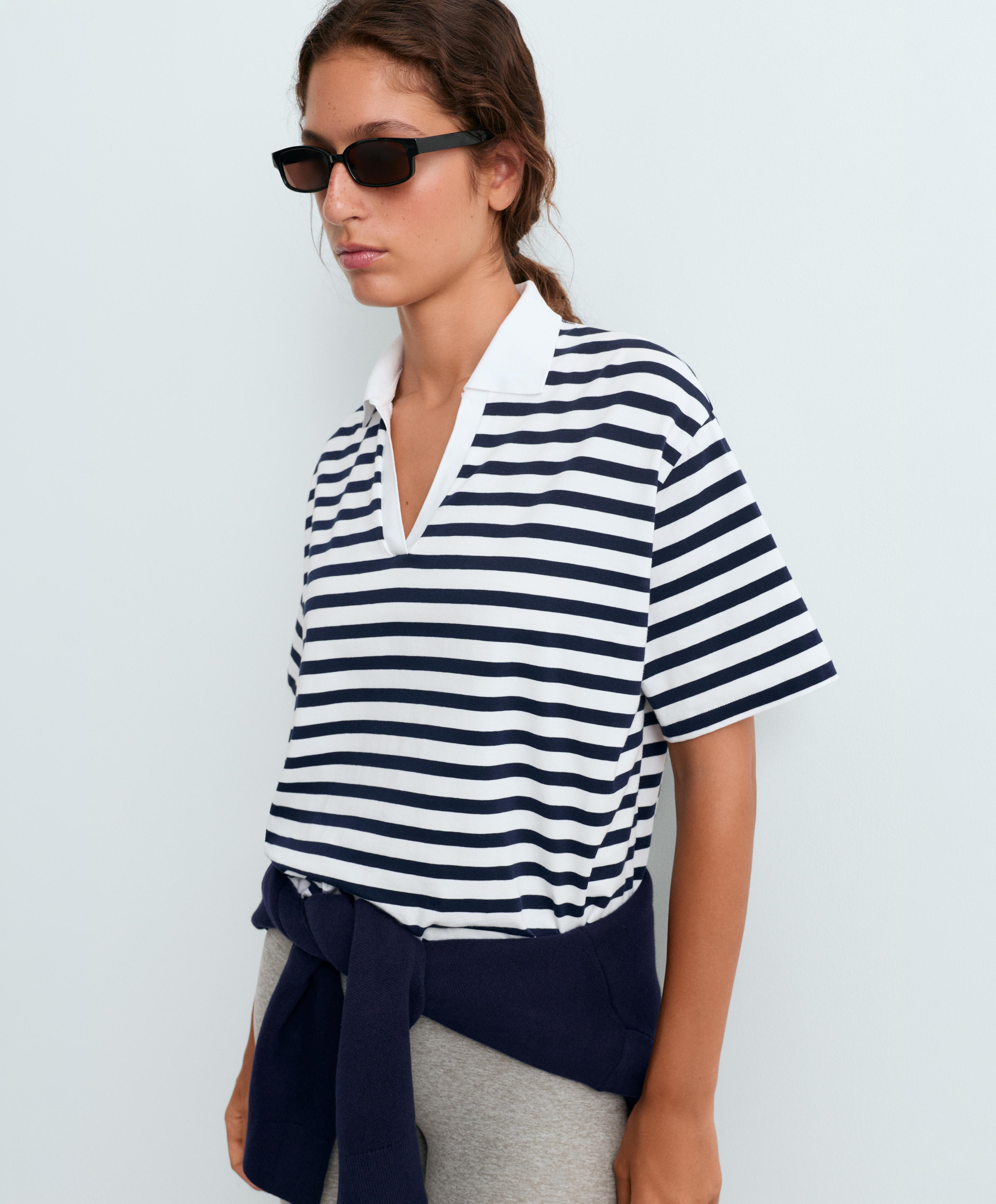 Boxy short-sleeved polo neck cotton blend T-shirt — NAVY BLUE