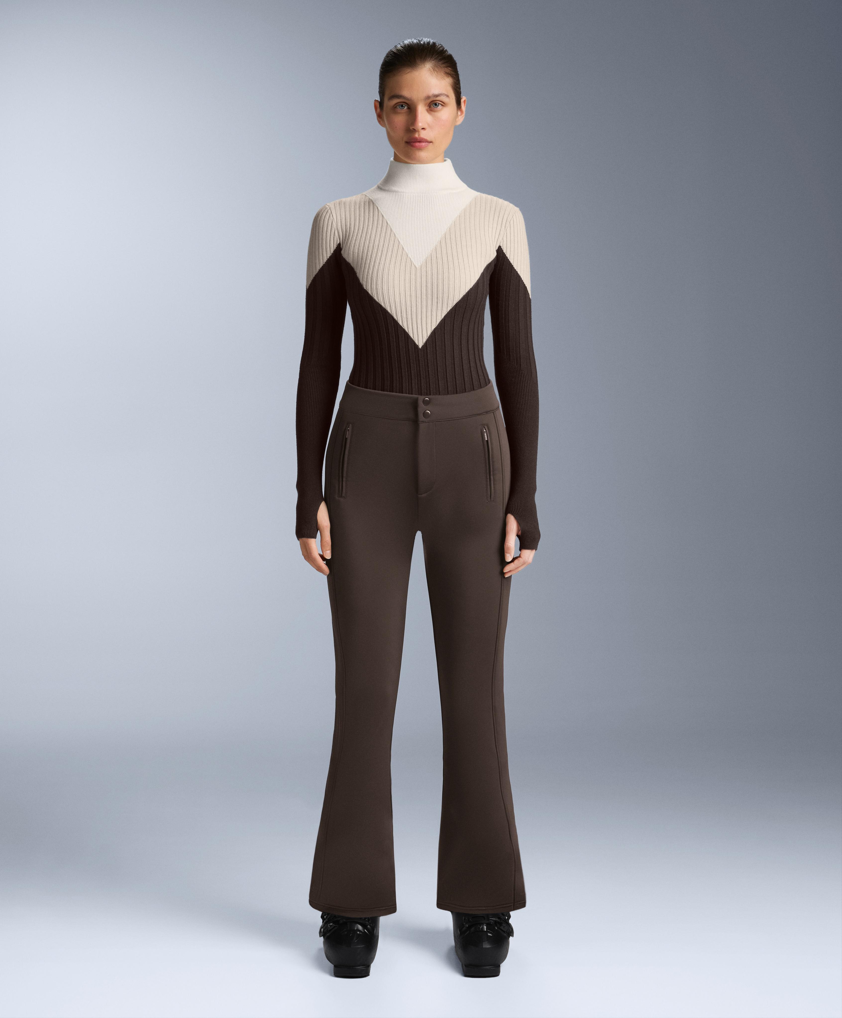 Thermal base layer rib knit T-shirt with contrasting high neck — DARK BROWN