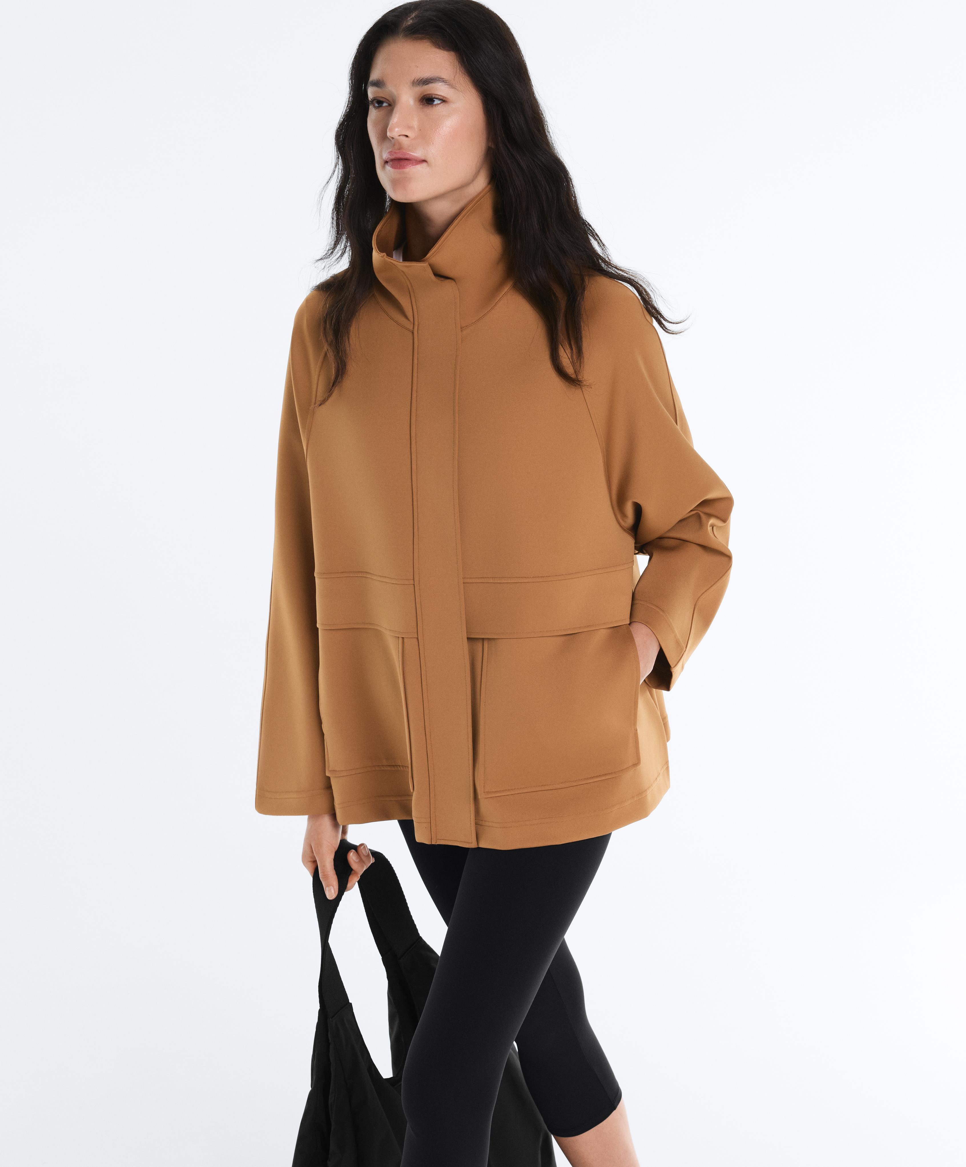 Long neoprene-effect jacket — PALE BROWN