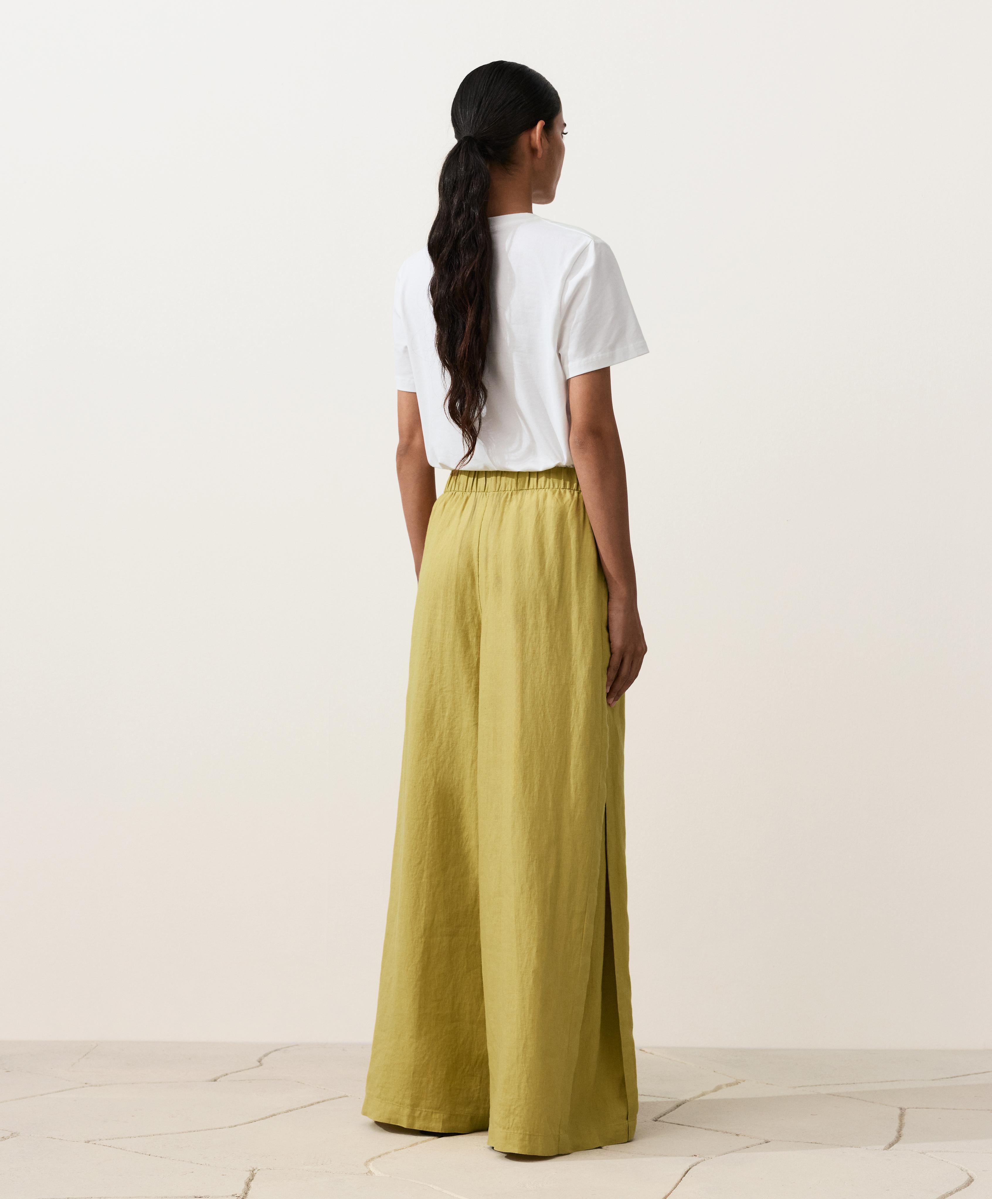 100% linen wide-leg trousers with side pleat — LIME GREEN