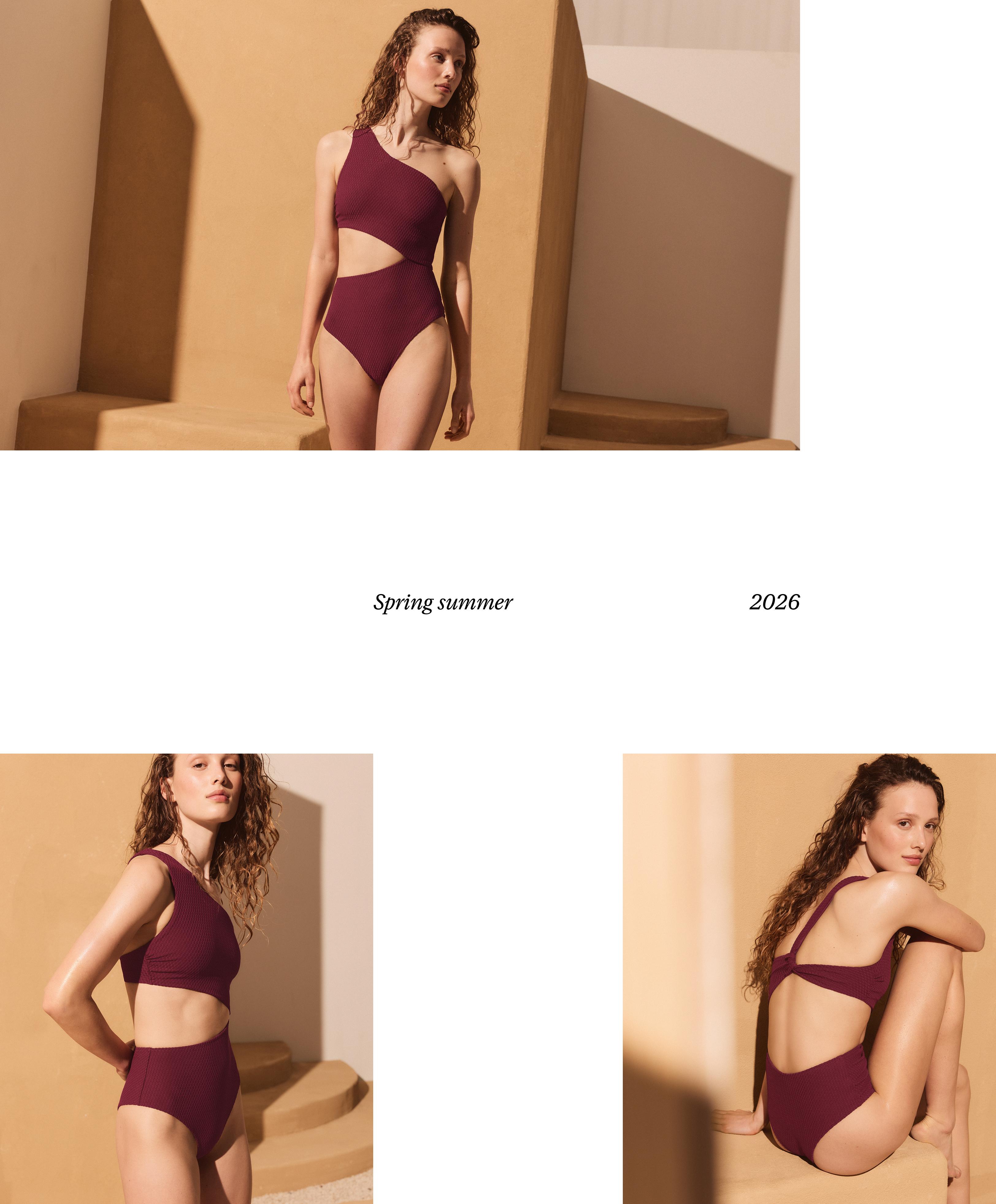 Mini check jacquard asymmetric trikini — CHERRY
