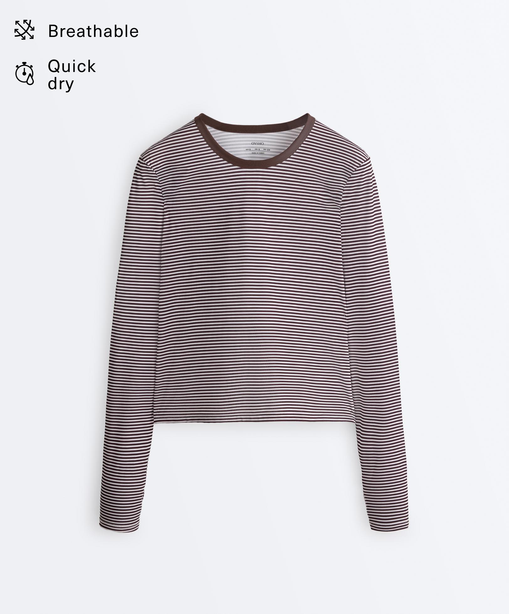 Striped long-sleeved technical T-shirt — BROWN