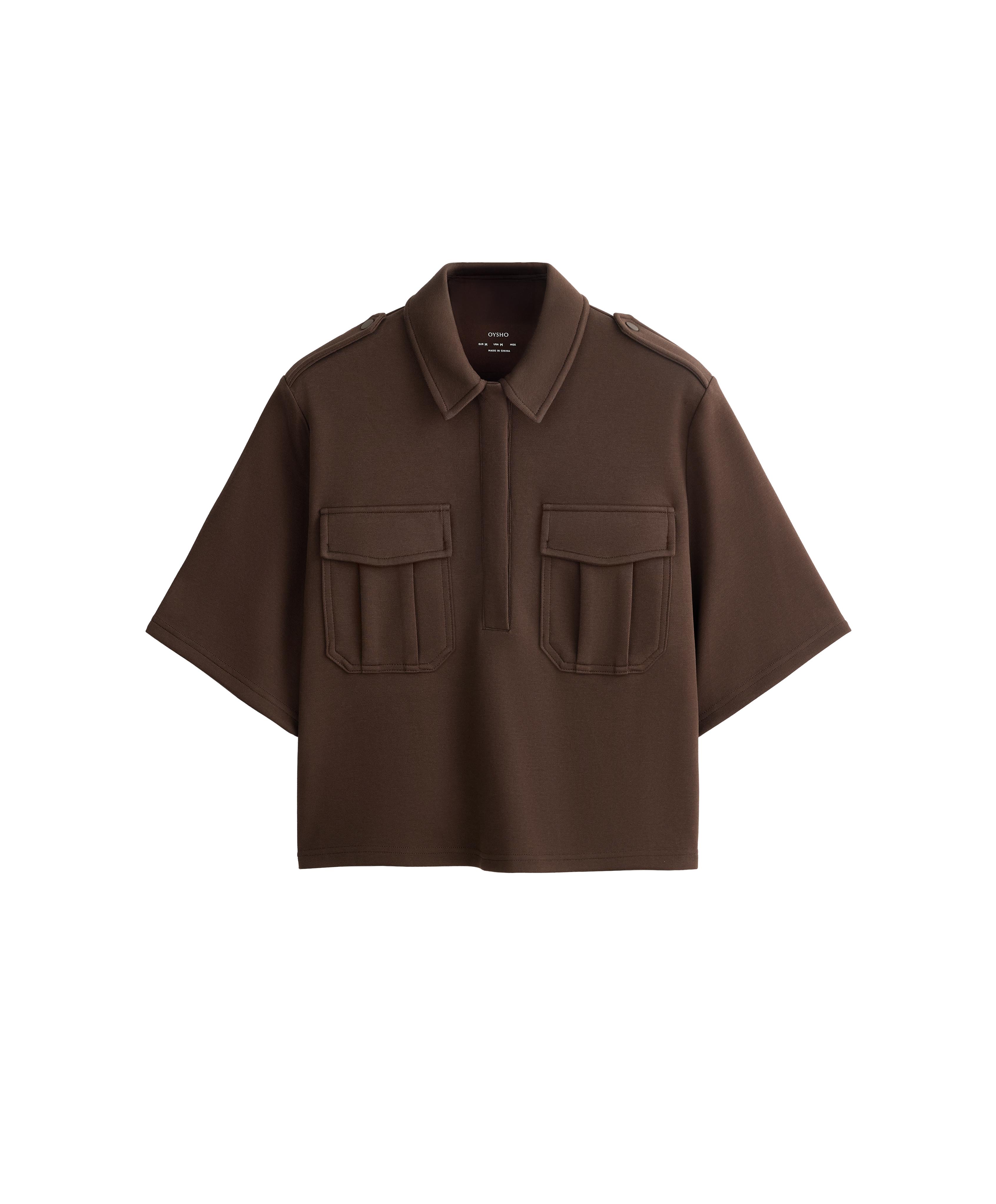 Utility short-sleeve sweatshirt with cotton piqué — DARK BROWN