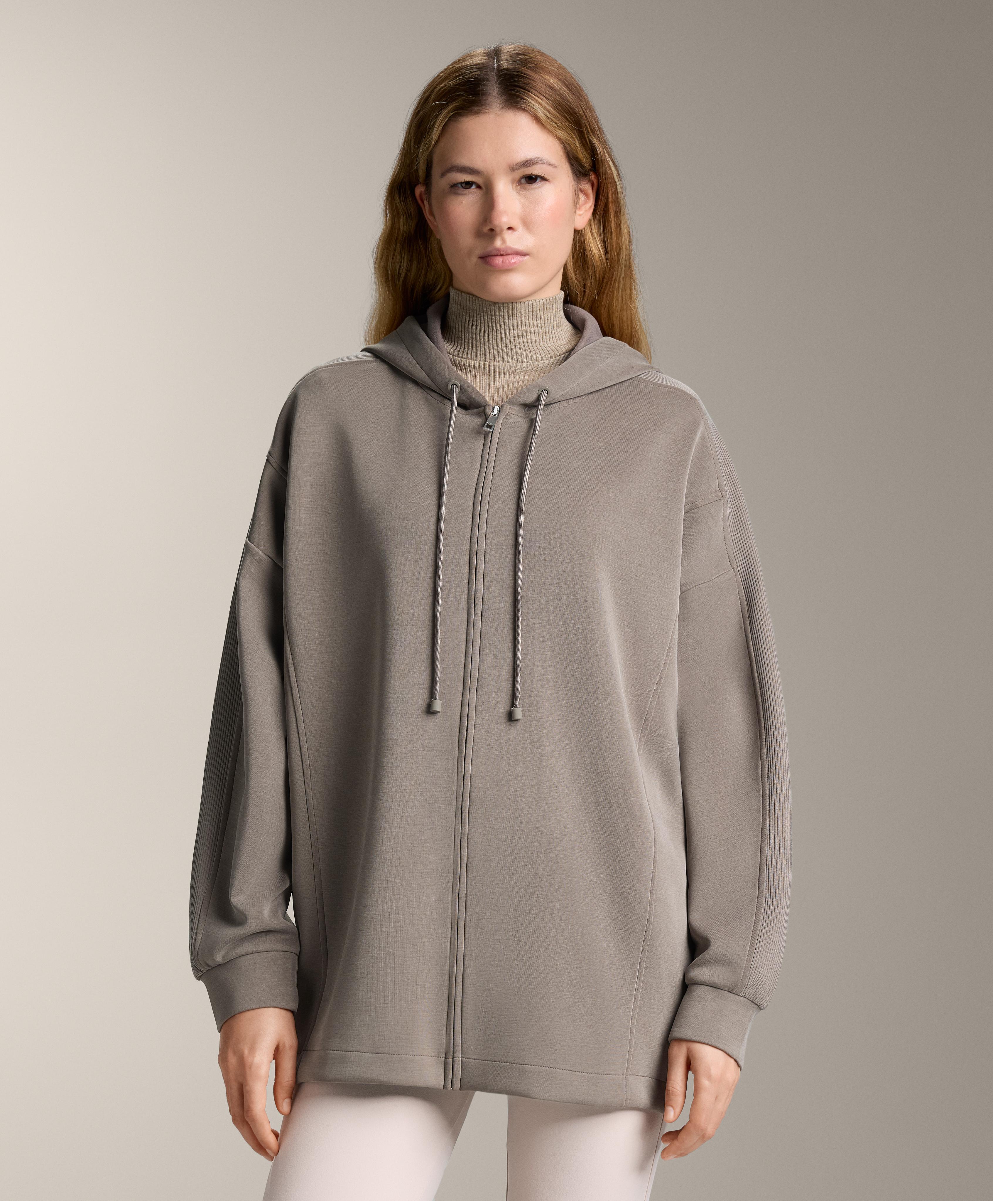 Long hooded jacket with ribbed detail and brushed modal Long hooded jacket with ribbed detail and brushed modal