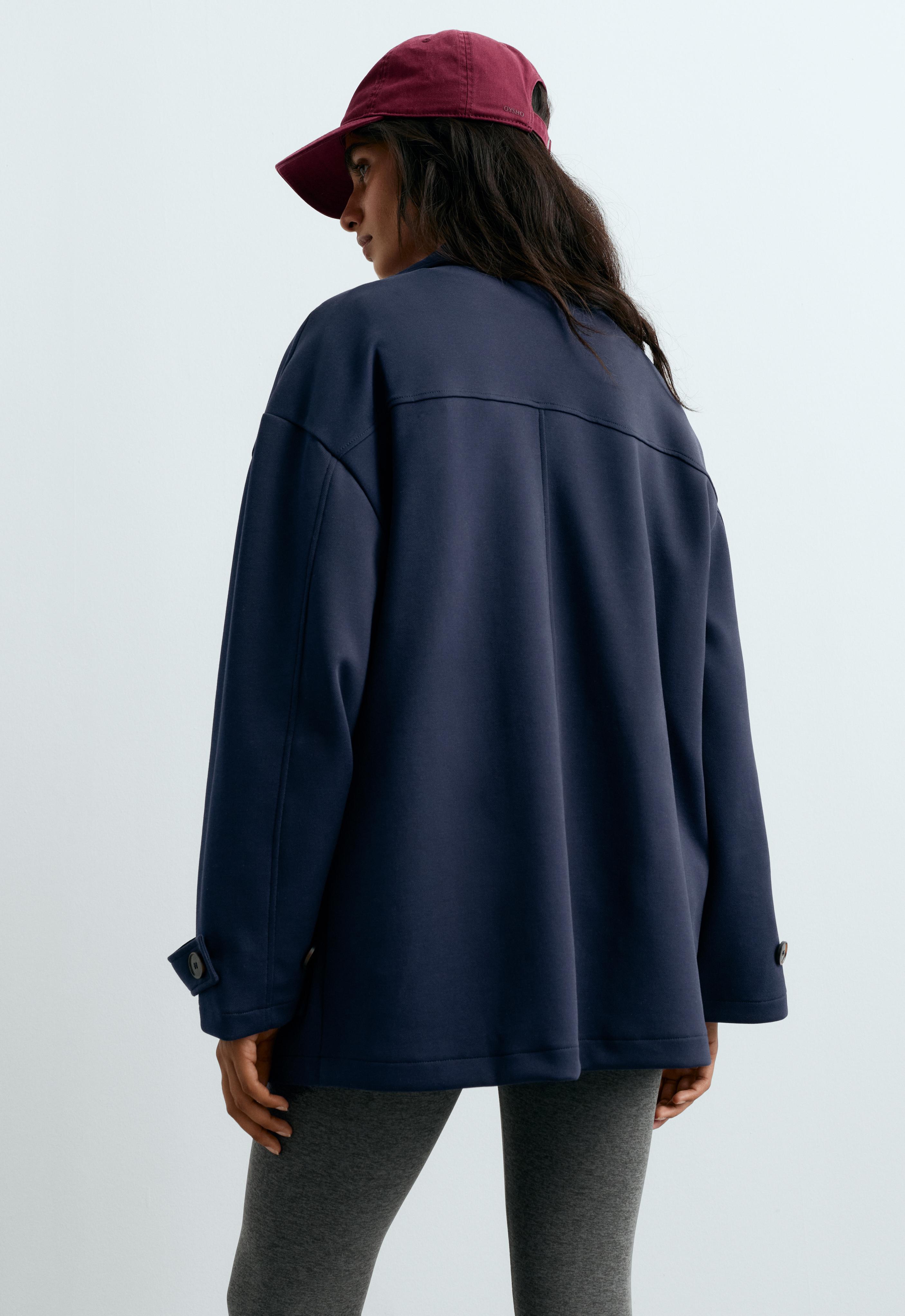 6-button long piqué cotton jacket — NAVY BLUE