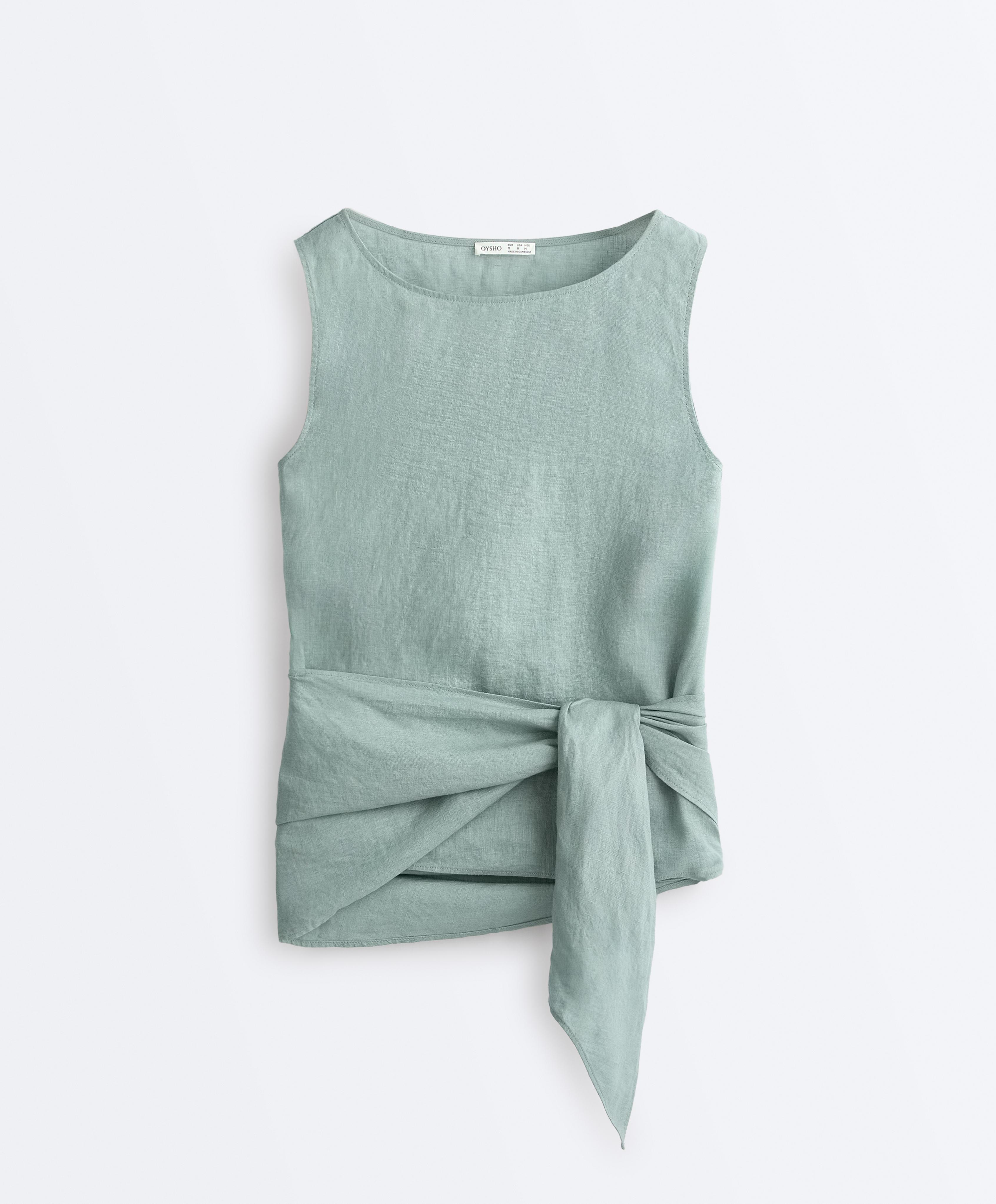 Sleeveless top with 100% linen scarf — AQUAMARINE