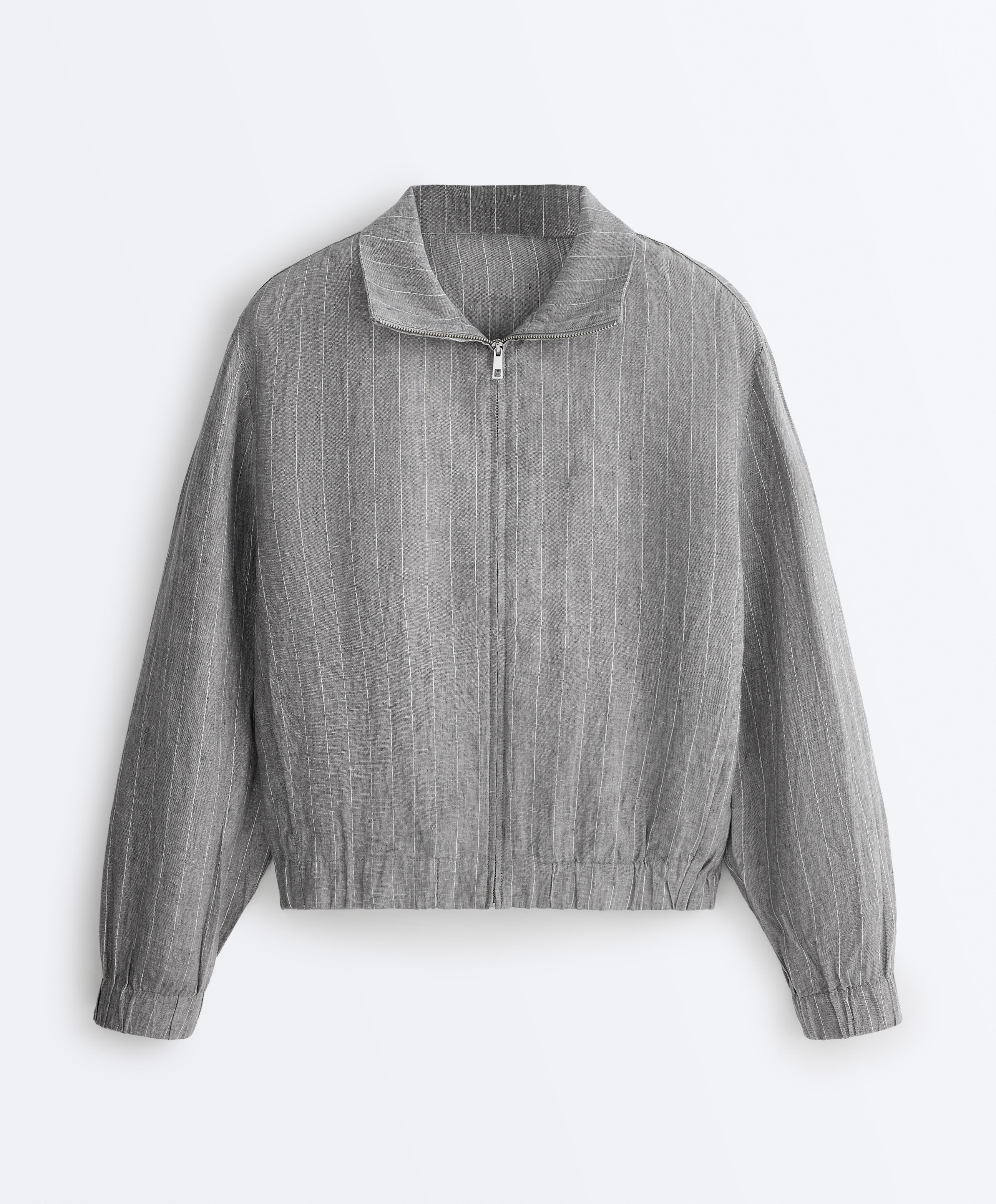 Pinstriped 100% linen high-neck jacket Pinstriped 100% linen high-neck jacket