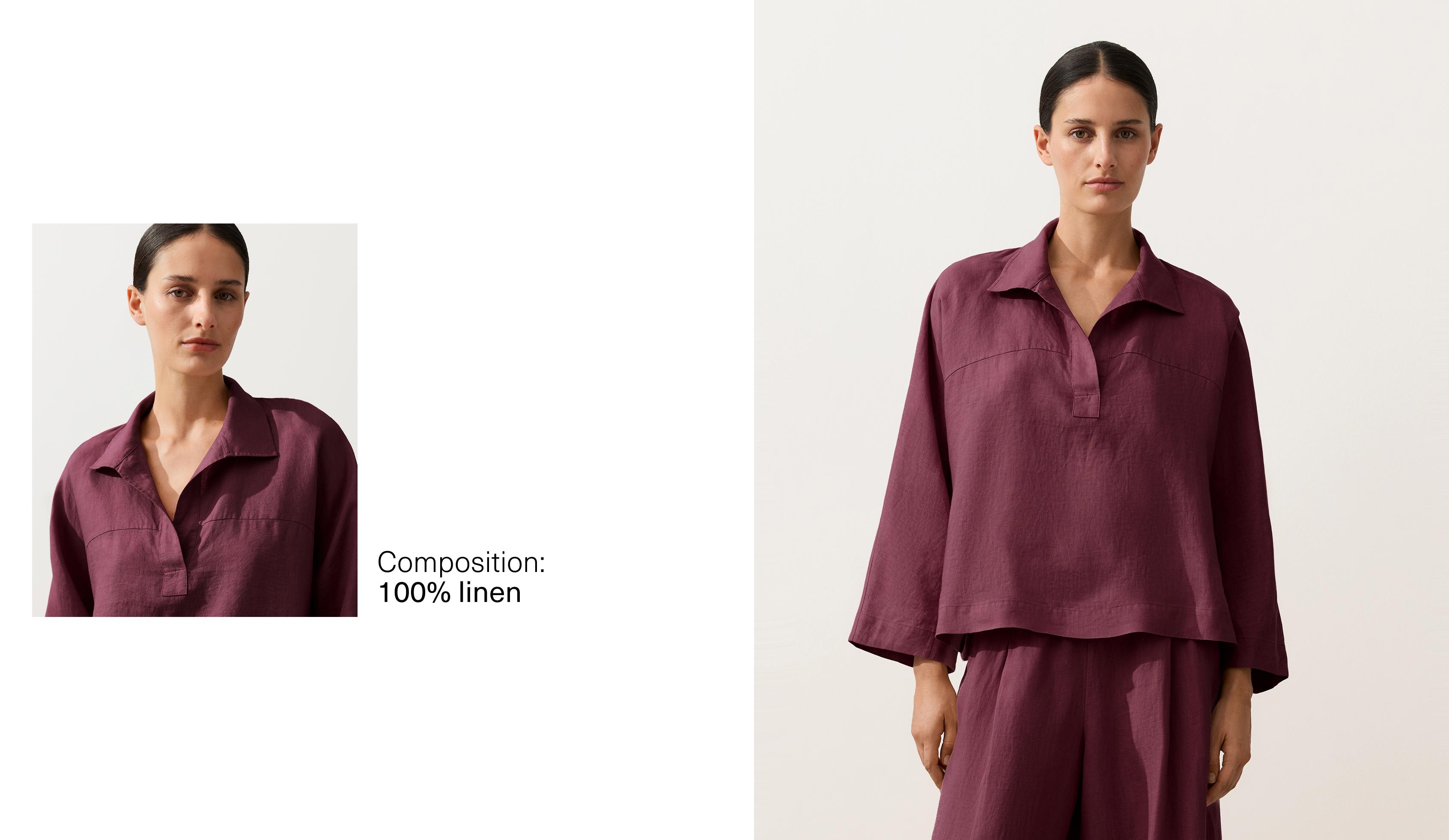 Oversize long-sleeve 100% linen polo shirt — CHERRY