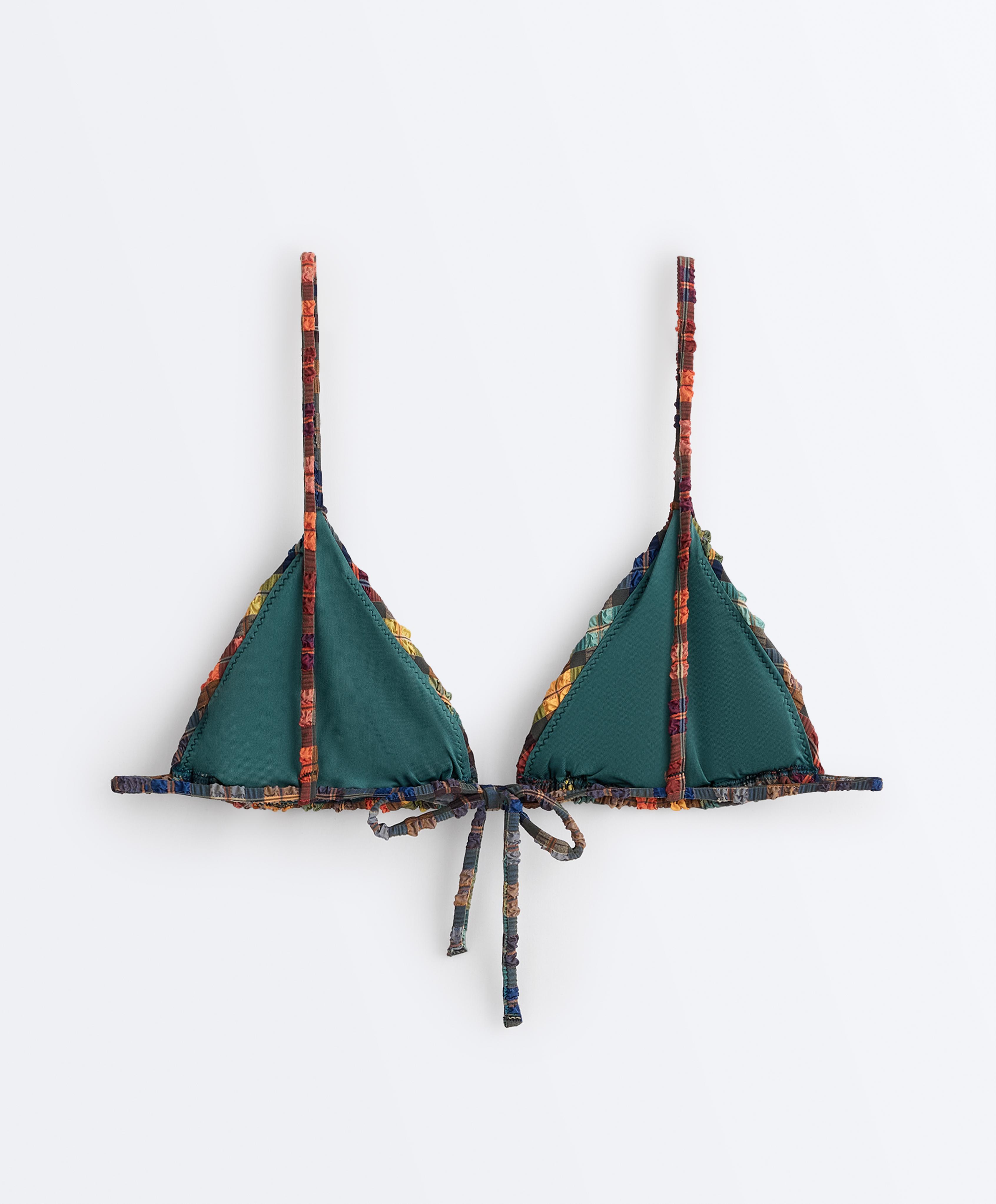 Textured check print triangle bikini top — BLUE GREEN