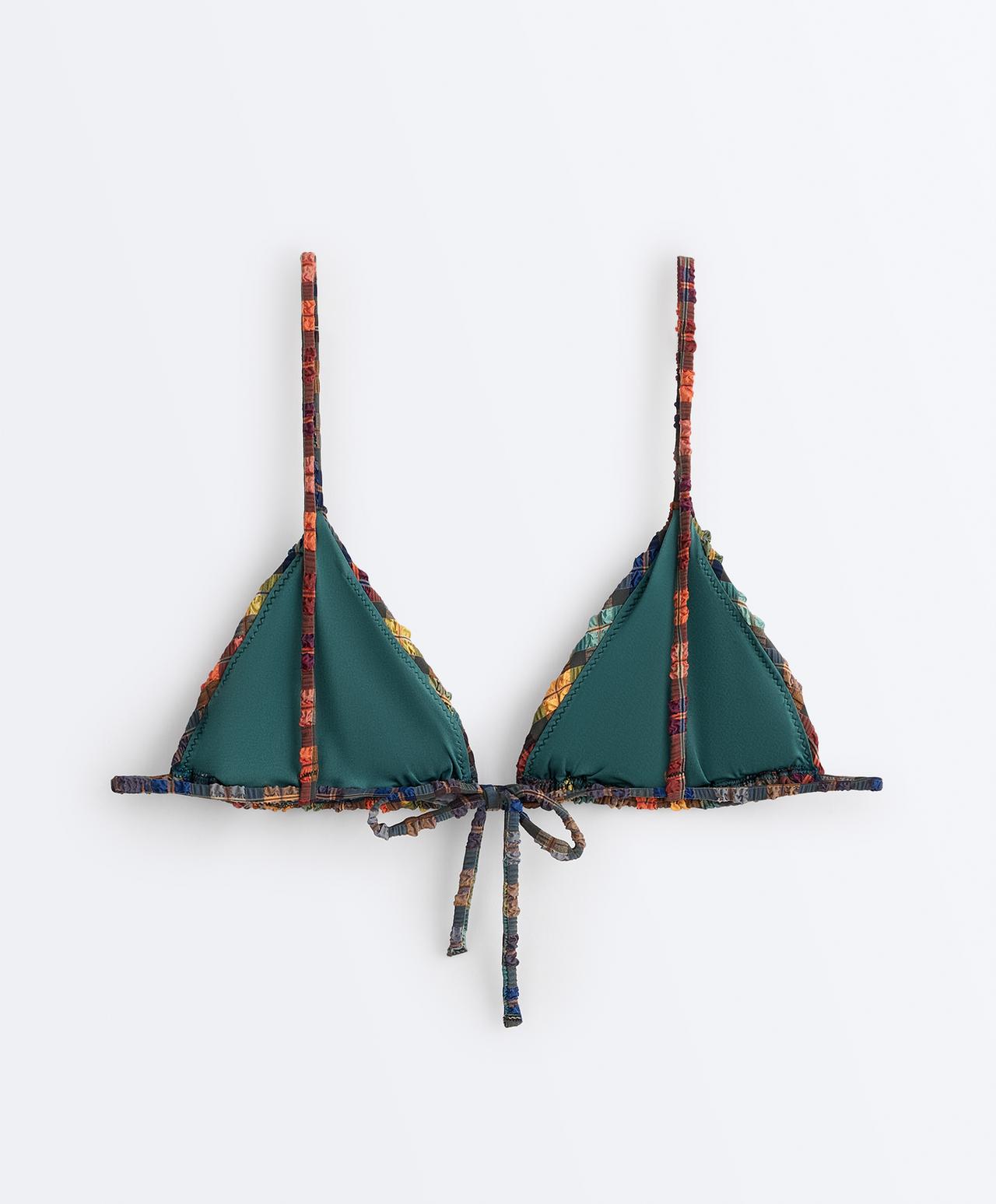 Textured check print triangle bikini top — BLUE GREEN