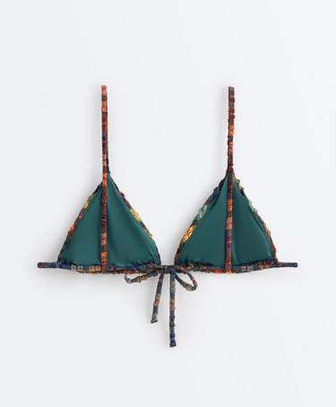 Textured check print triangle bikini top — BLUE GREEN 10