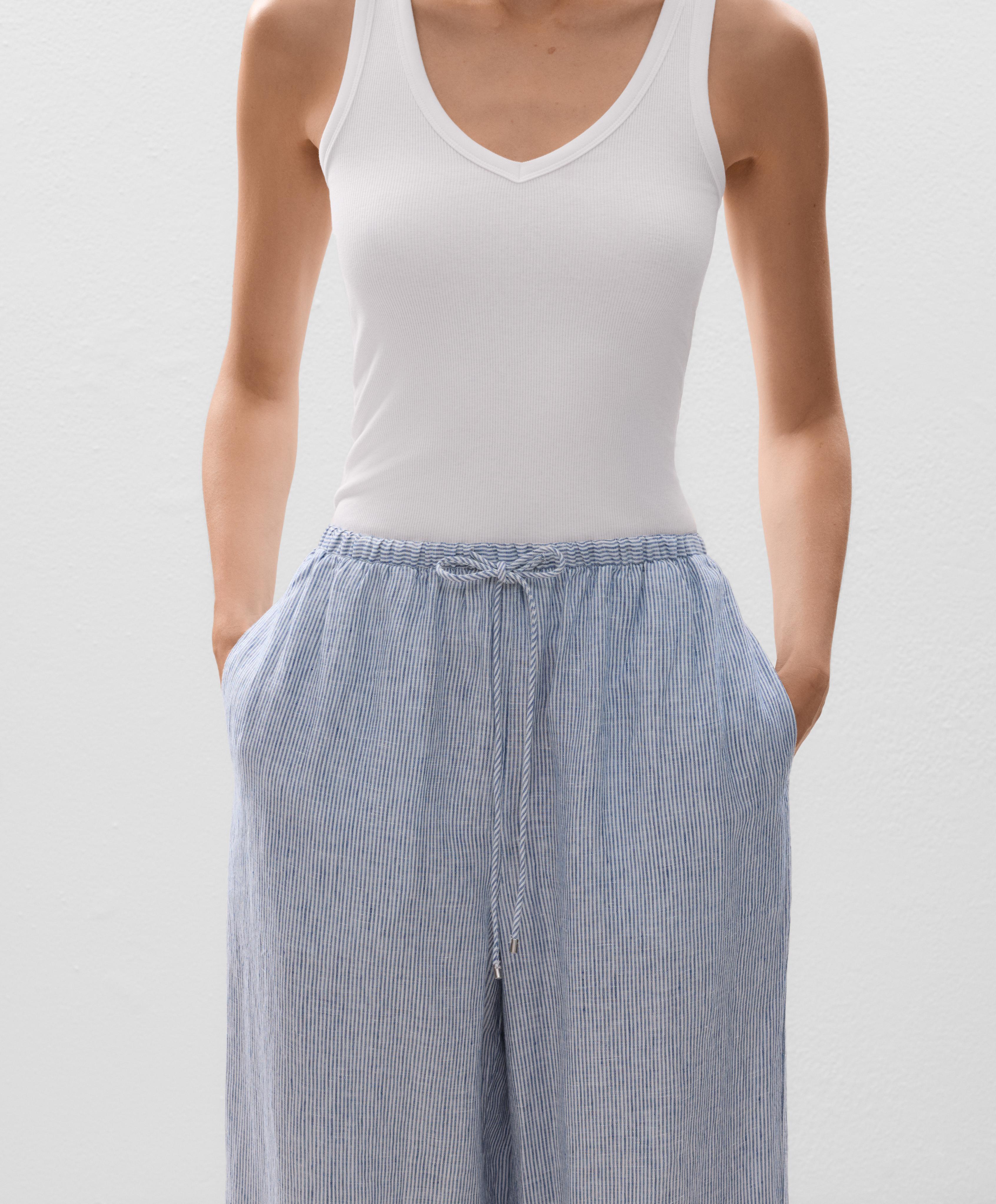Pantalón recto ancho de rayas 100% lino - Rebajas Pantalón recto ancho de rayas 100% lino - Rebajas