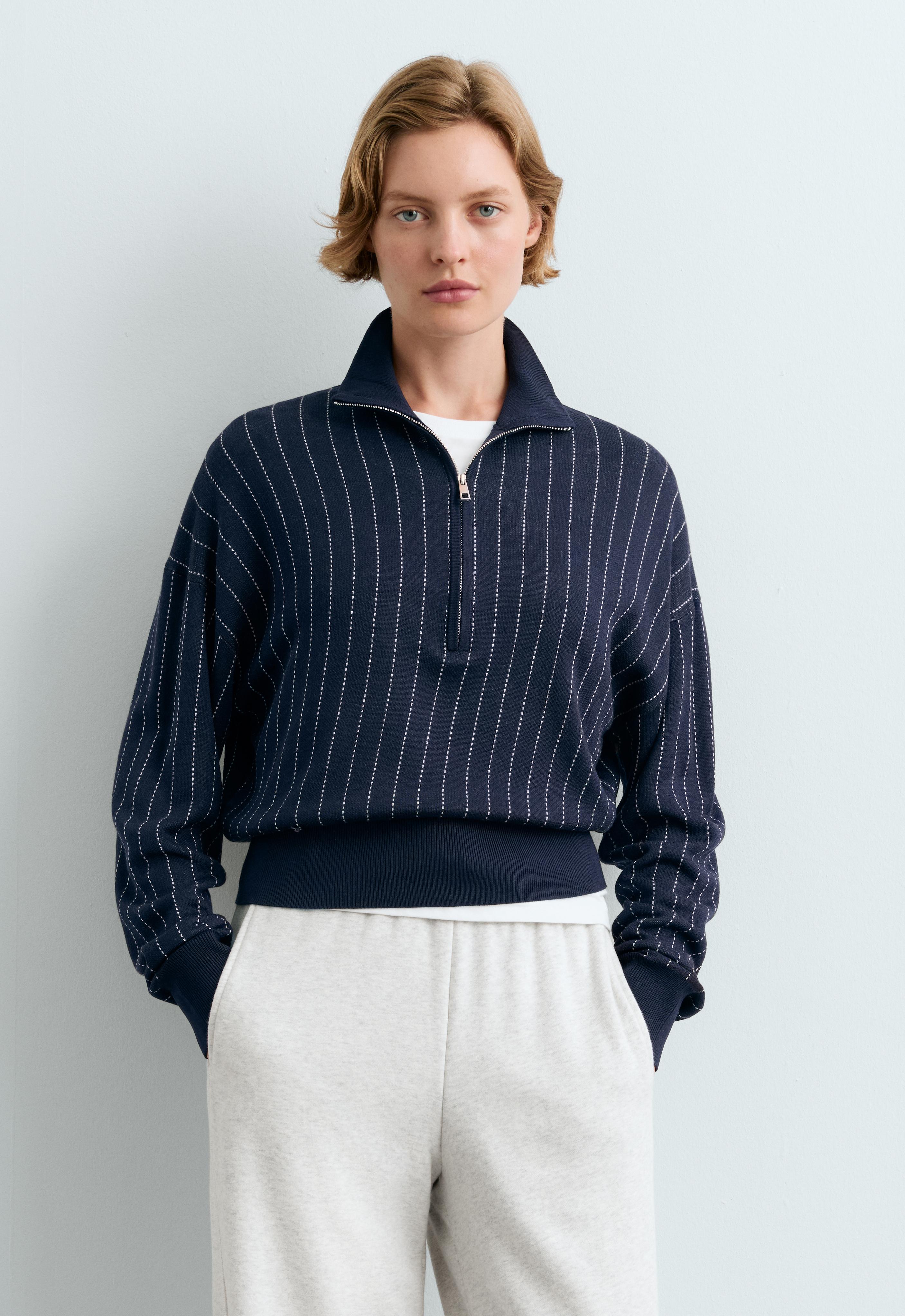 Gebreide sweater met halve rits en krijtstreep