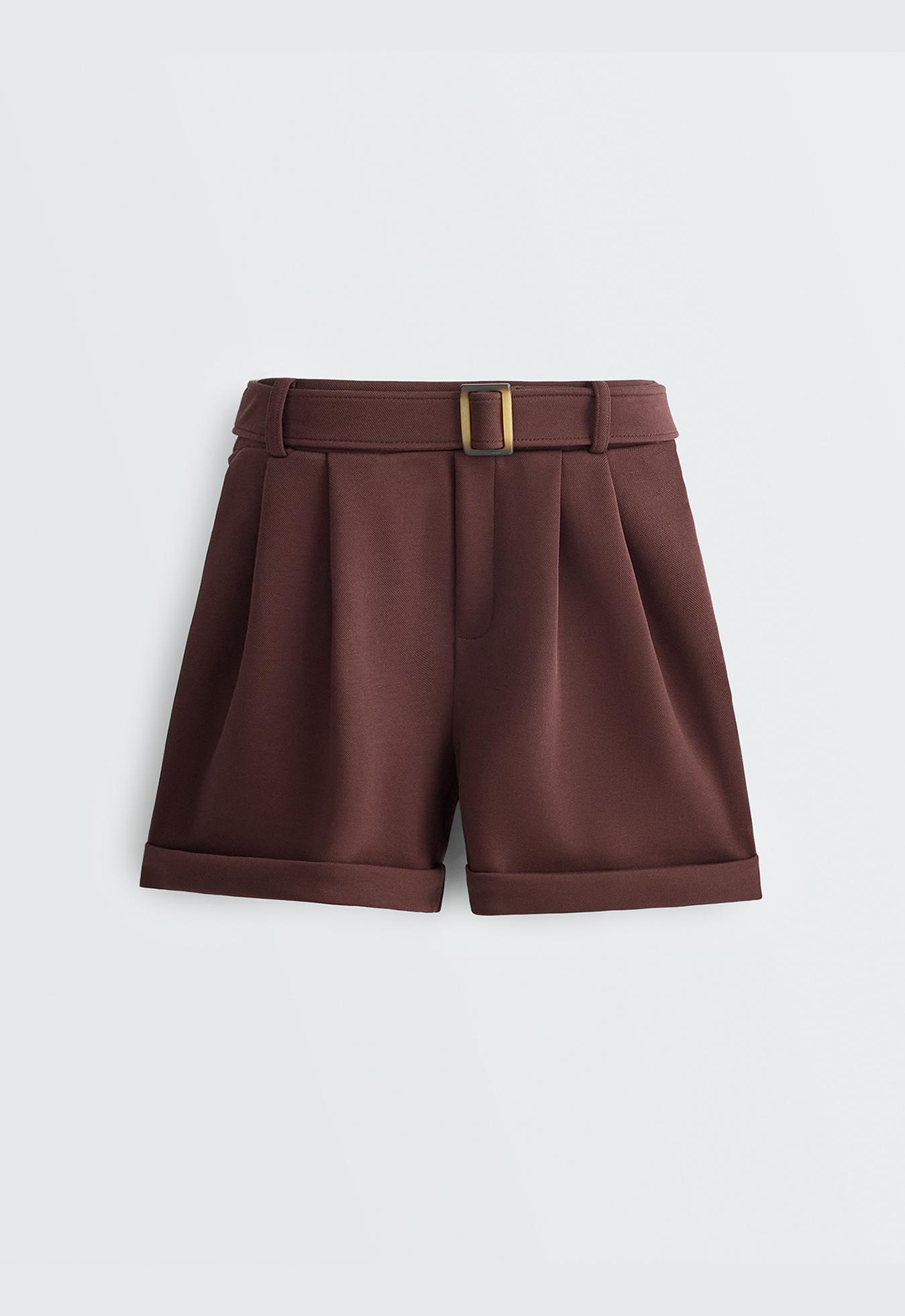Cotton piqué belted shorts — CHOCOLATE