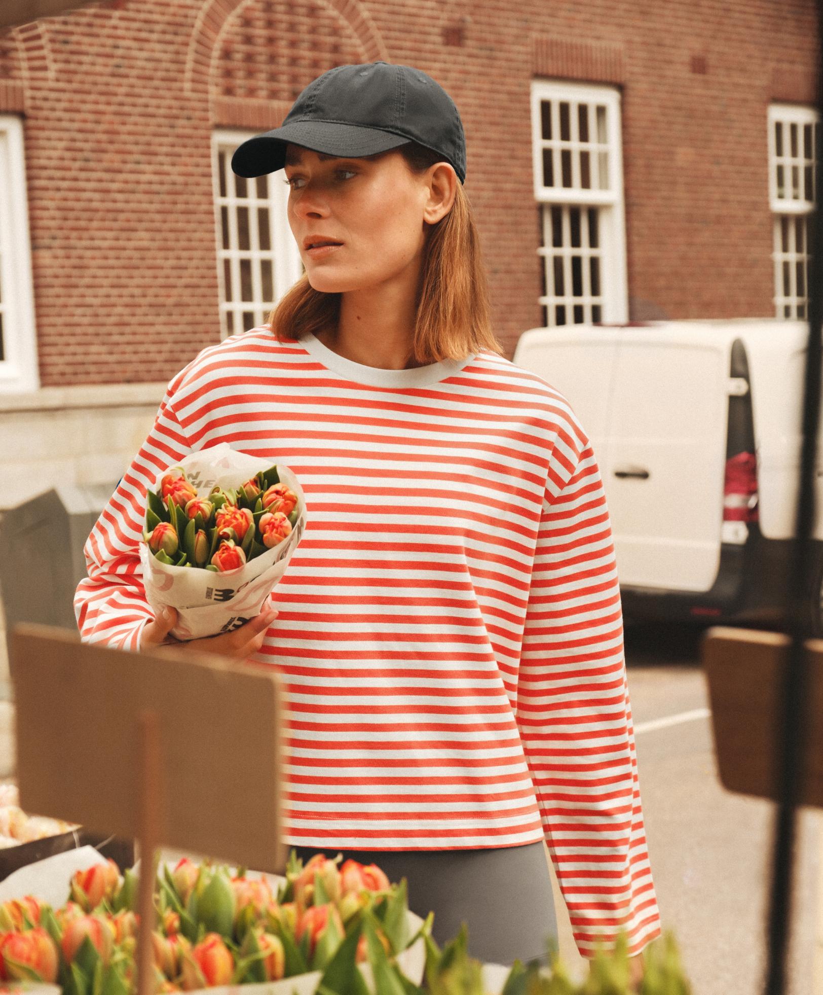 Boxy long-sleeved stripe 100% cotton T-shirt — BRIGHT ORANGE