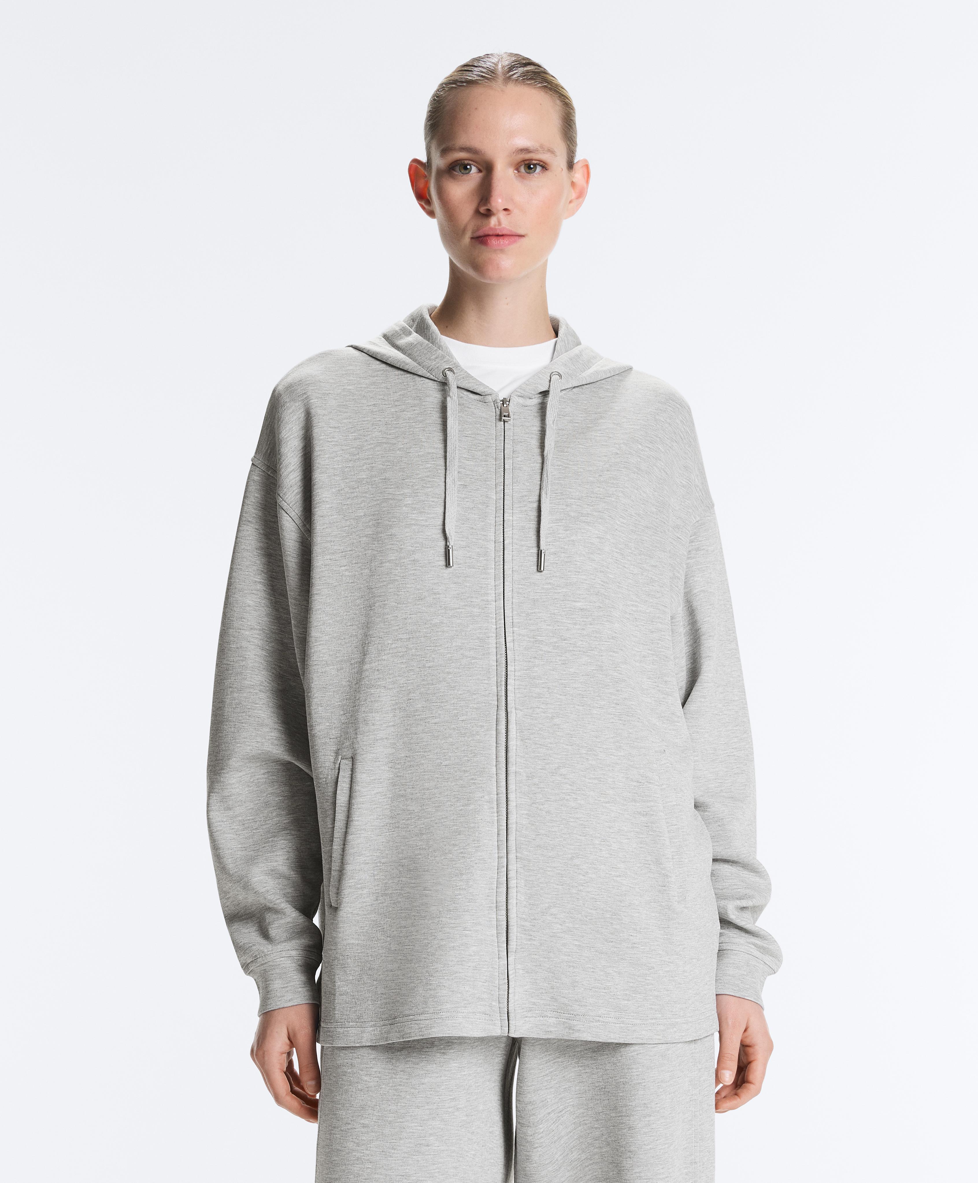 Long melange piqué hooded jacket — GREY MELANGE